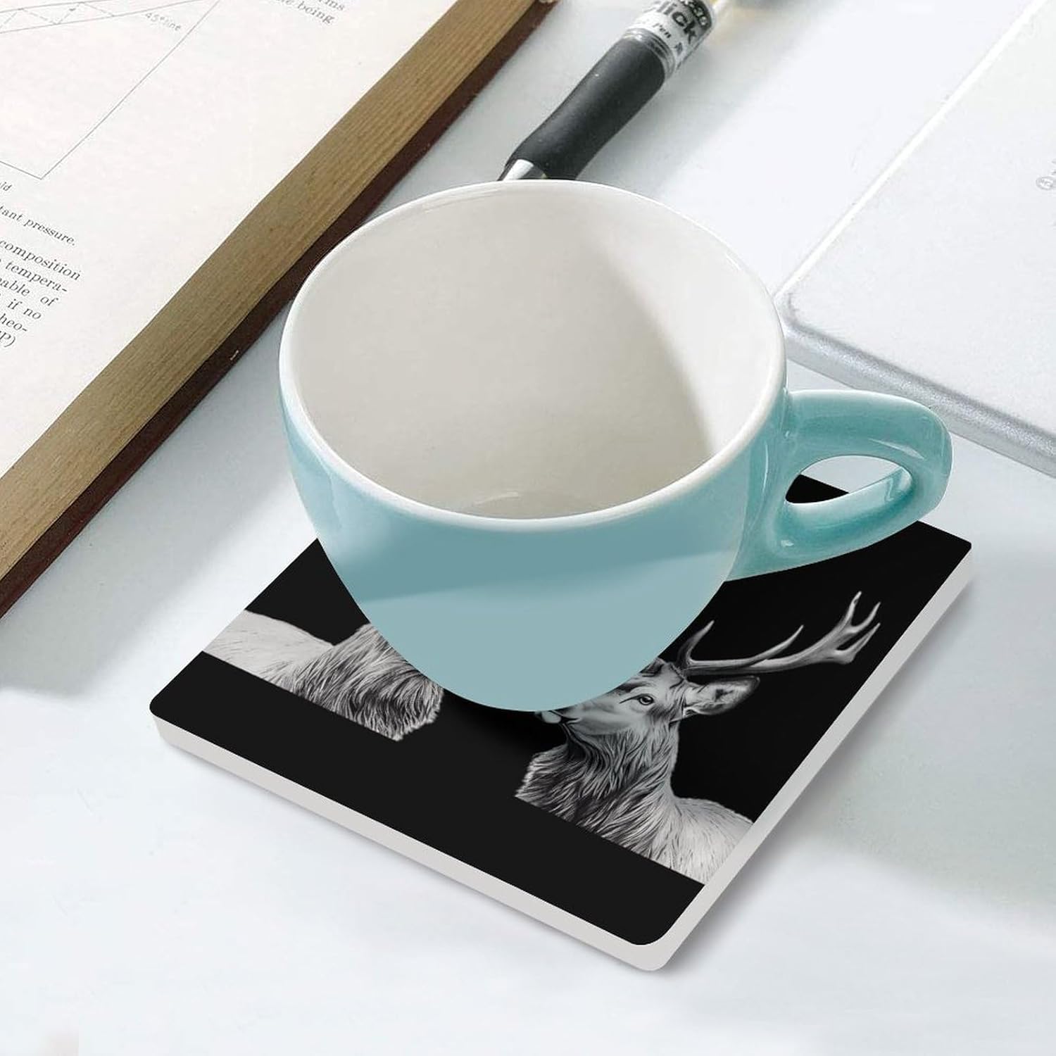 Two Deers Funny Ceramic Coasters for Drinks Absorbent Cup Holder Tabletop Protector with Cork Base