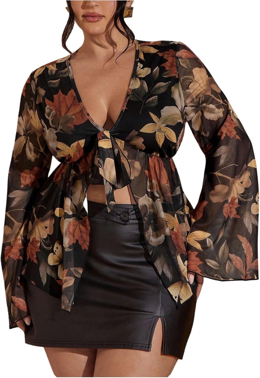 Women's Plus Size Mesh Bell Sleeve Top Boho Floral Ruffle Tie Front Bowknot V Neck Peplum Blouse