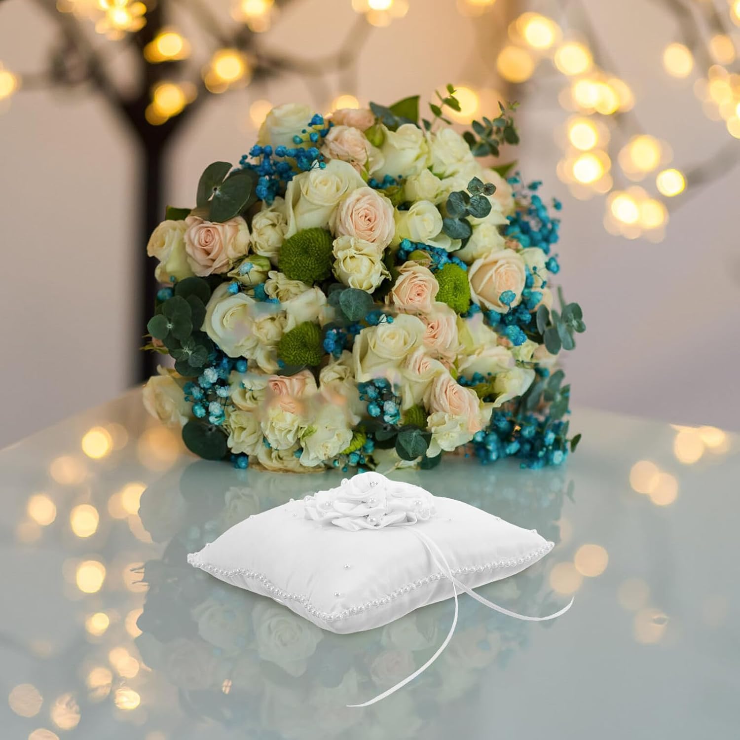Wedding Ring Pillow Cushion with Faux Pearl Embroidery White Square Bridal Ring Bearer Pillow for Beach and Ceremony Supplies
