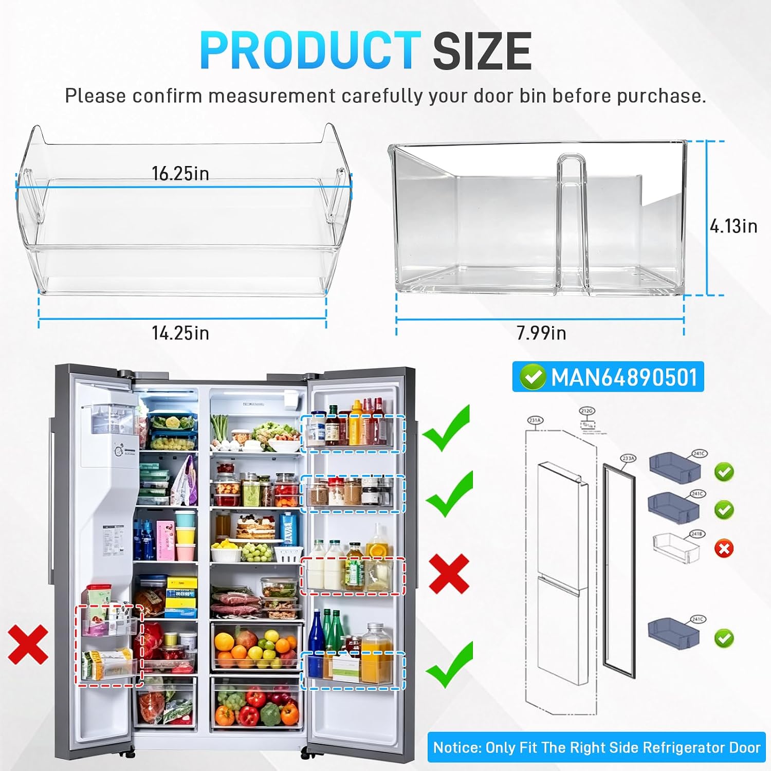 Upgraded MAN64890501 Refrigerator Door Bin for LG Fridge Shelf Bin, Compatible with LRSXS2706V LRSXS2706S LRSXS2706W LRSDS2706S LRSXC2306S, LG Refrigerator Right Side Door Basket Replacement