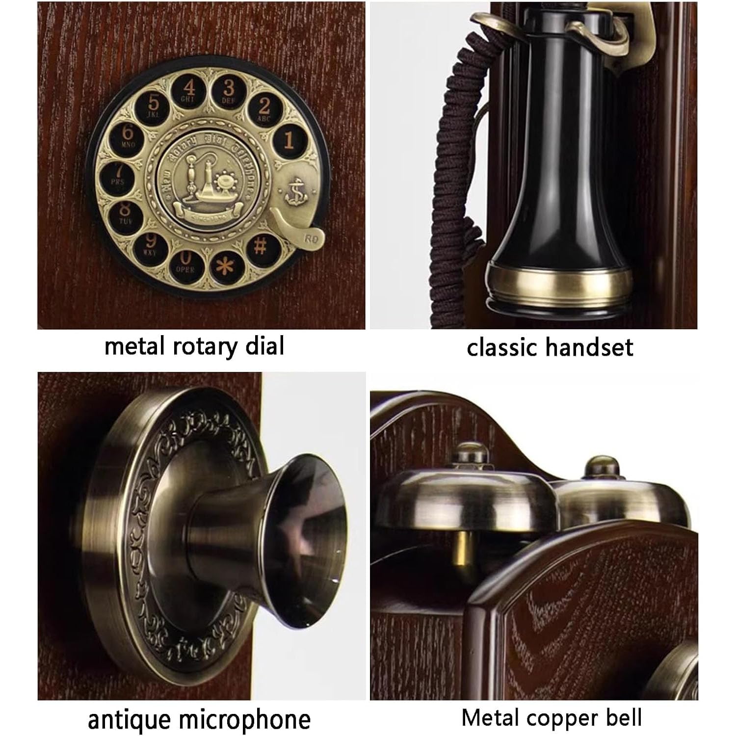 Naścienny telefon vintage – przewodowy design retro z tarczą ze stopu metalu i słuchawką w stylu antycznym do domu, biura, filmu i wystroju vintage