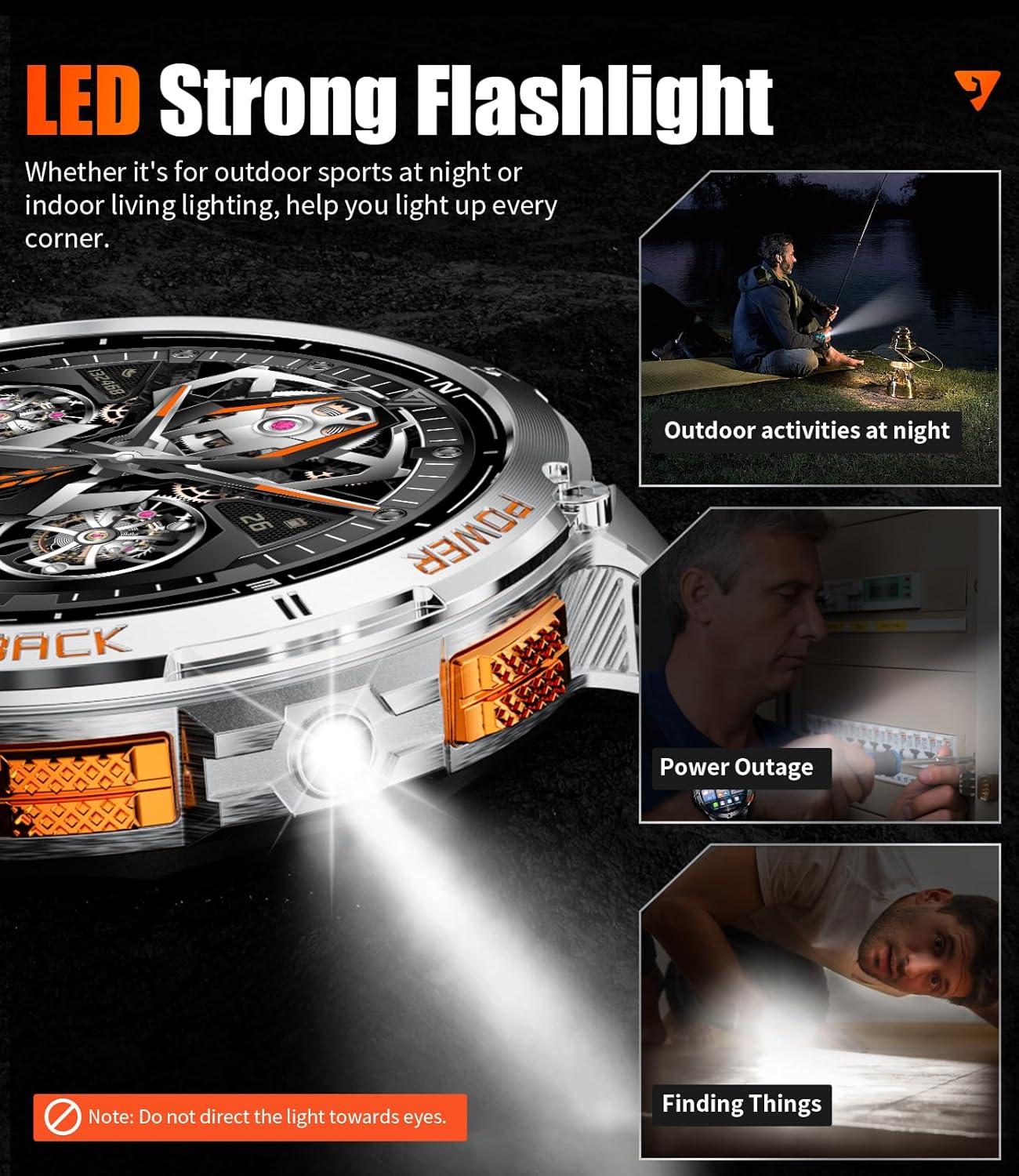The LIGE DM4 Smart Watch with its LED flashlight activated, showing use cases like outdoor activities at night, power outage, and finding things.