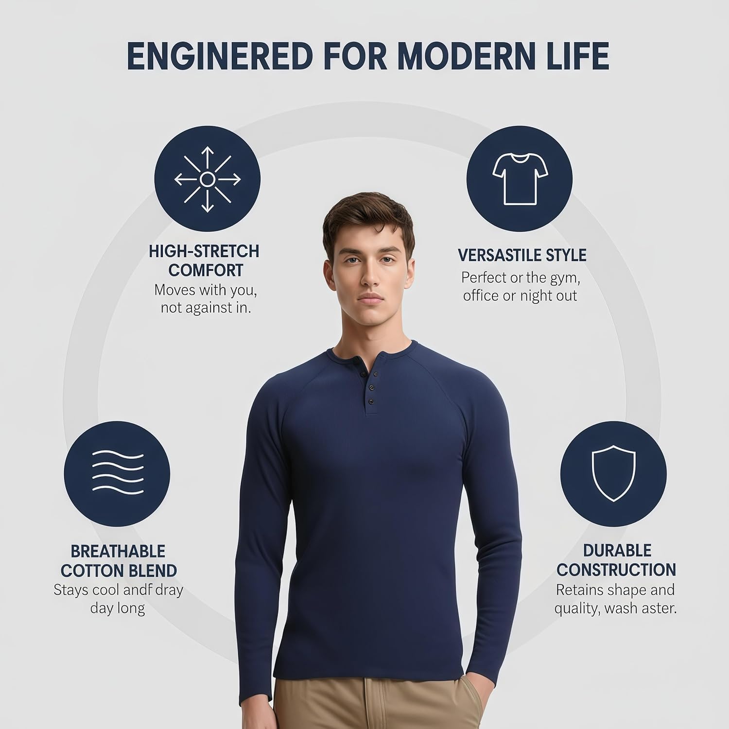 TrailTech Men's Thermal Henley Long Sleeve Ribbed Knit Base Layer, Warm Fleece Lined Slim Fit Undershirt with Laundry Bag