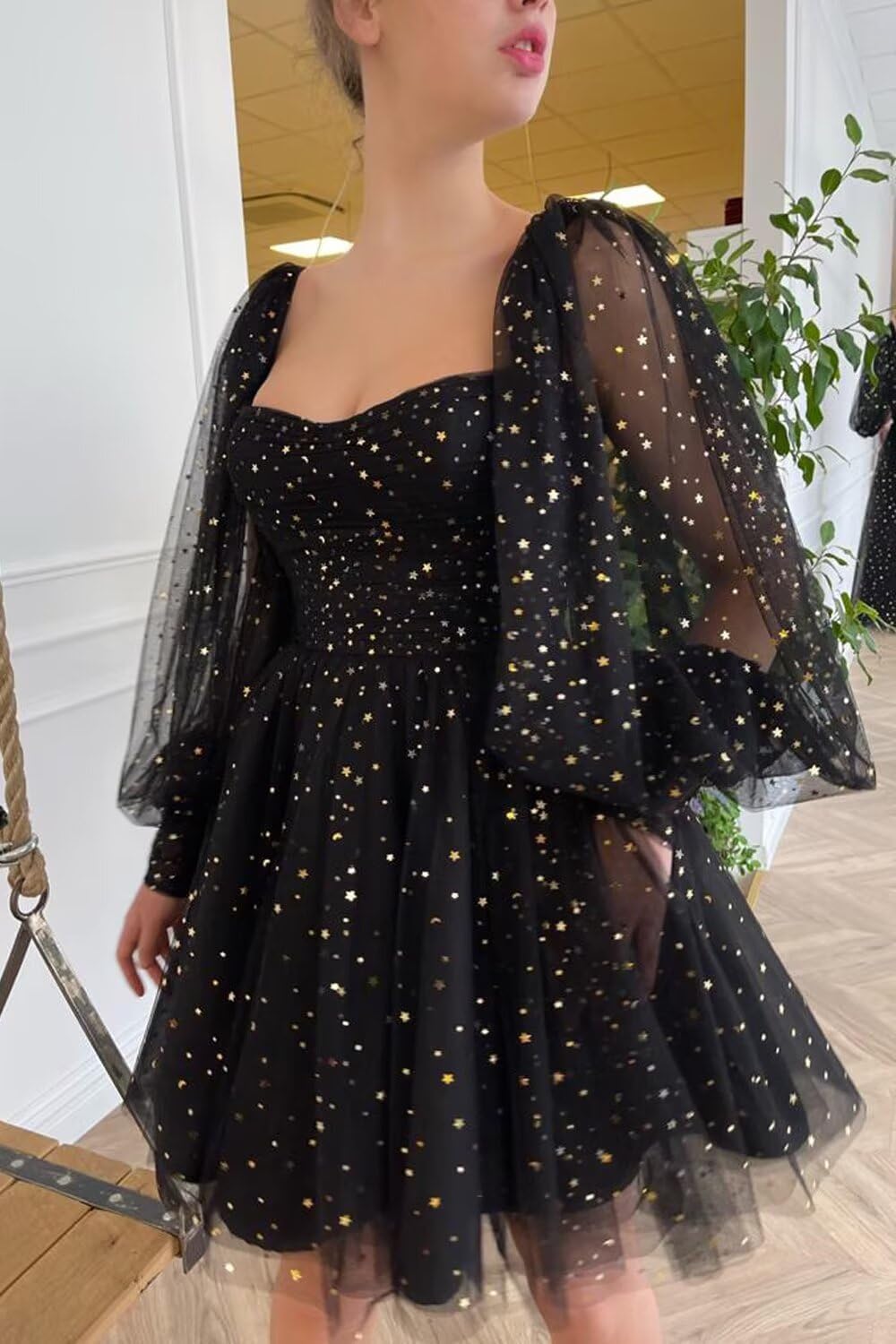 Xijun Sparkle Starry Tulle Homecoming Dress for Teens Puffy Sleeve Prom Dress Formal Evening Gowns with Pockets - Image 4