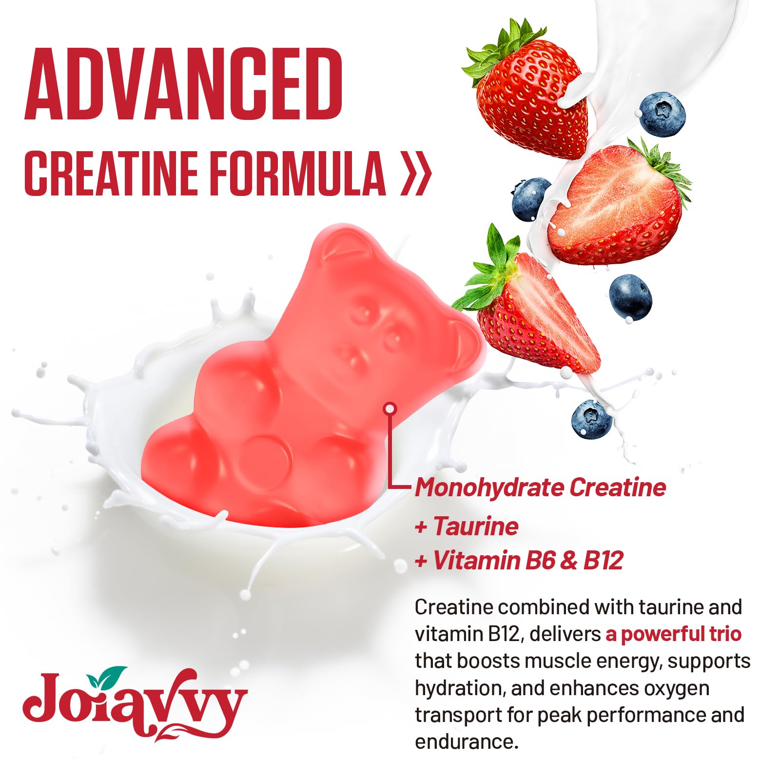 Joiavvy Créatine Monohydrate 5000 mg par Portion, Gummies pour Hommes et Femmes, avec Taurine, Vitamines B6 et B12, Végan, Goût Fruits Rouges