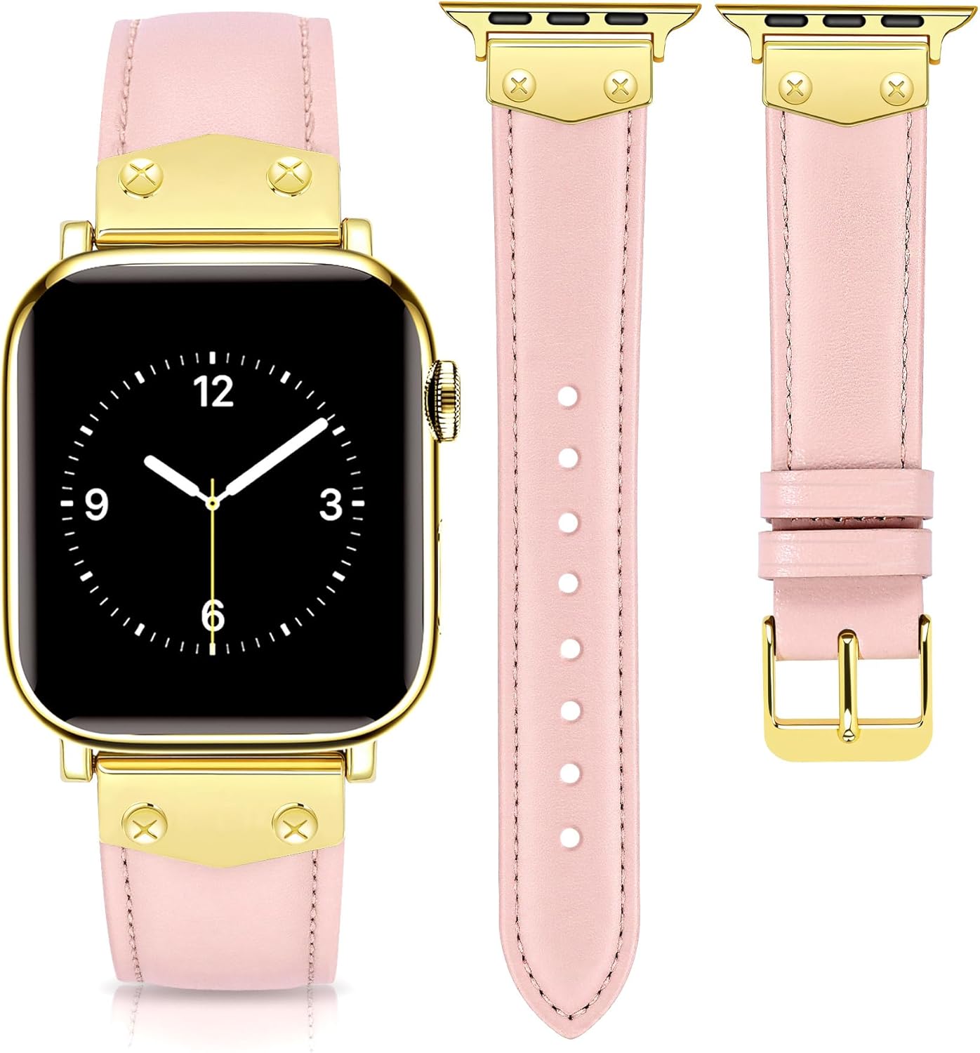JR.DM Leather Band Compatible with Apple Watch Bands Women 38mm 40mm 41mm 42mm 44mm 45mm 46mm 49mm, Top Genuine Leather Strap with Studded Metal Charms for iWatch SE series 11/10/9/8/7/6/5/4/3/2/1 Ultra