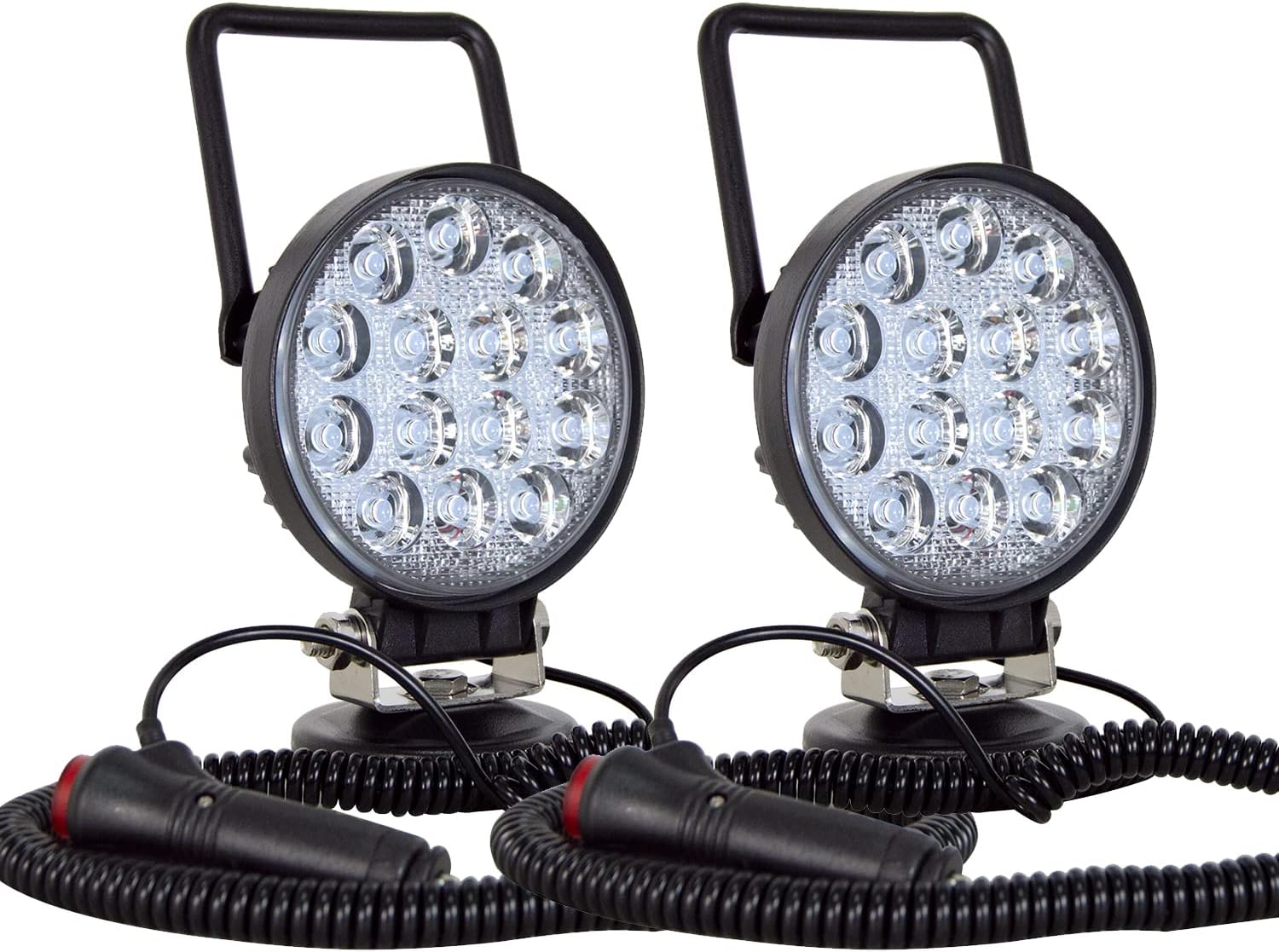 PICAA 2pcs Portable Magnetic Base Round Led Work Light, 4 inch 42W Flood Beam, 6000K White 12V 24V Driving Fog Lamp Light Bars for Car Offroad 4x4 Truck SUV ATV UTE