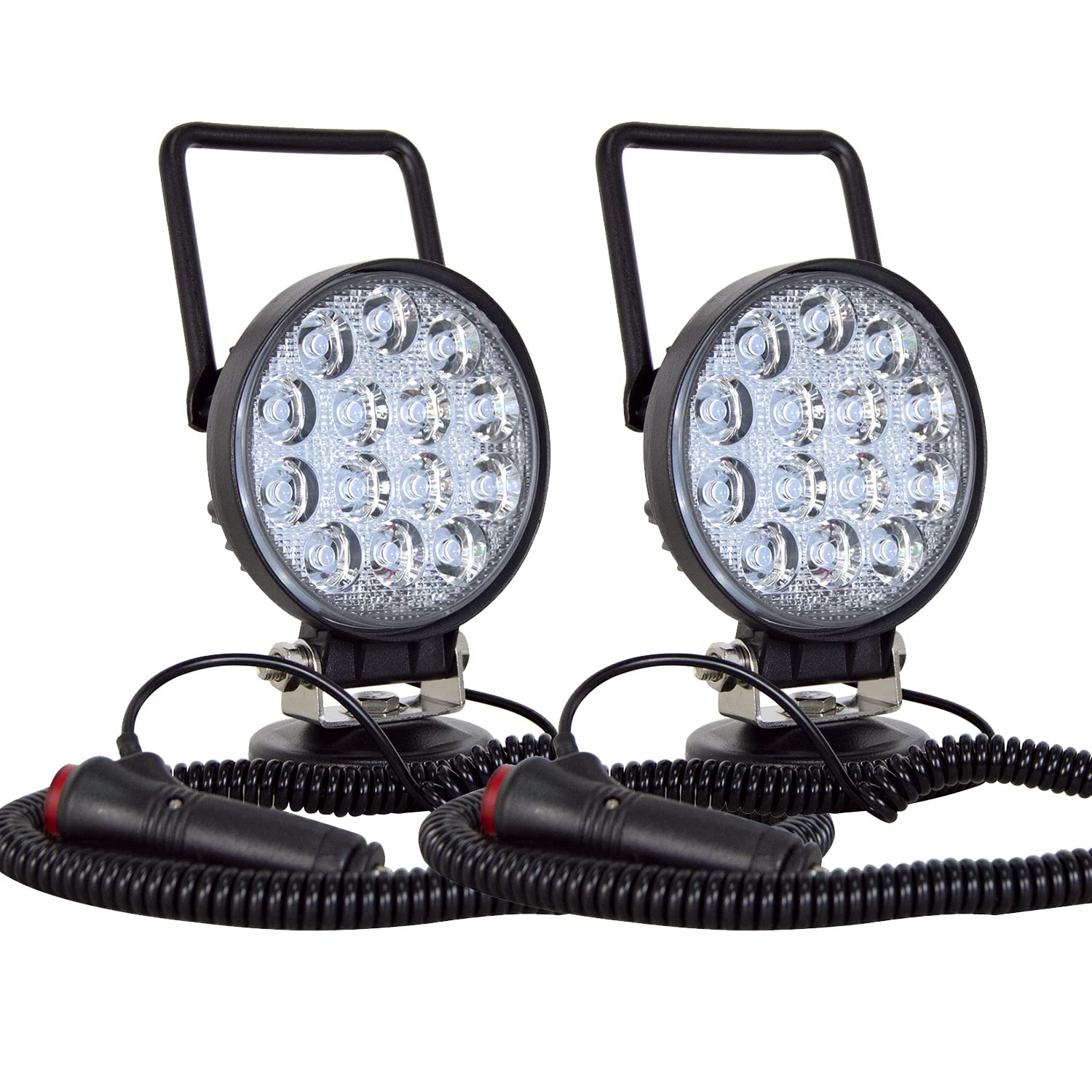 PICAA 2pcs Portable Magnetic Base Round Led Work Light, 4 inch 42W Flood Beam, 6000K White 12V 24V Driving Fog Lamp Light Bars for Car Offroad 4x4 Truck SUV ATV UTE