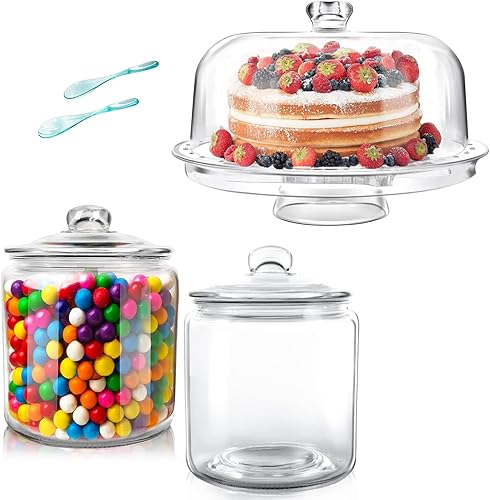 Masthome Soporte para tartas y 2 tarros de almacenamiento de vidrio soporte de exhibición para fiestas de Navidad bodas plato de pastel acrílico