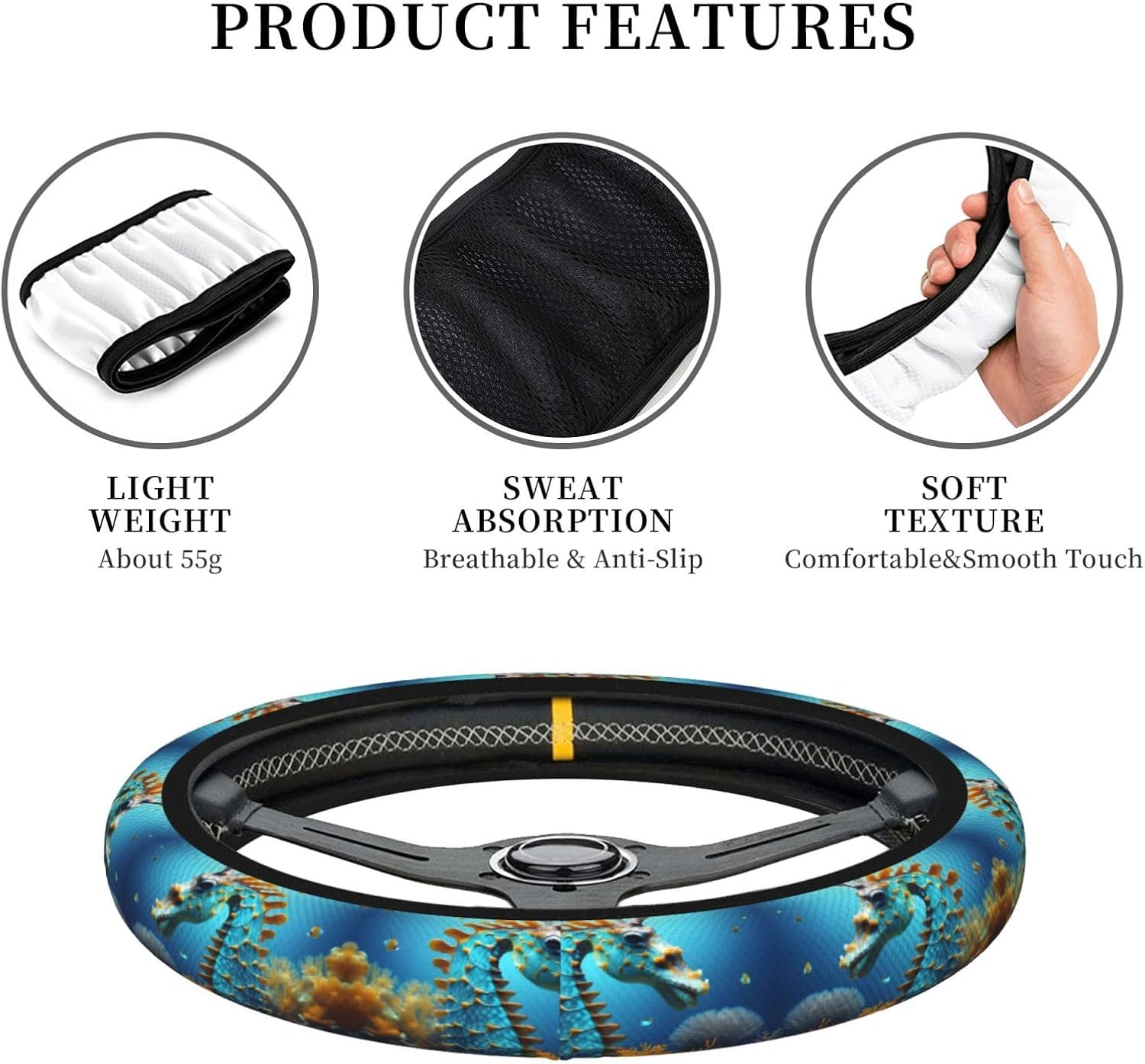 Blue Seahorse Double-Layer Thickened Steering Wheel Cover, Universal car Steering Wheel Cover (15 inches in Diameter), Steering Wheel Protective Cover,