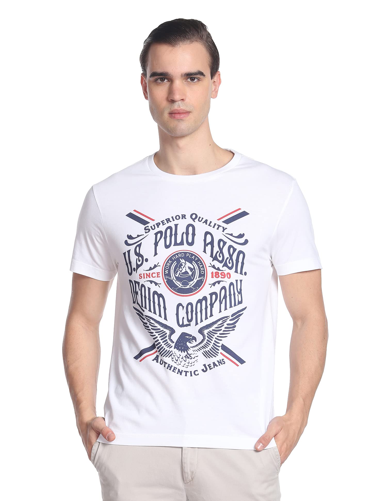 u.s. polo assn. Denim Co. Men's White Slim Fit Printed T-Shirts | Short Sleeves | Crew Neck-picture-35
