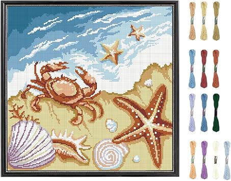 FREEBLOSS Flamingo Cross Stitch Kit Stamped Cross Stitch Wall Hanging Kit for Adults with Instructions Beach Waves and Starfish Pure Cotton Cloth Embroidery Kits for Beginnrs No Frame 18 * 18"