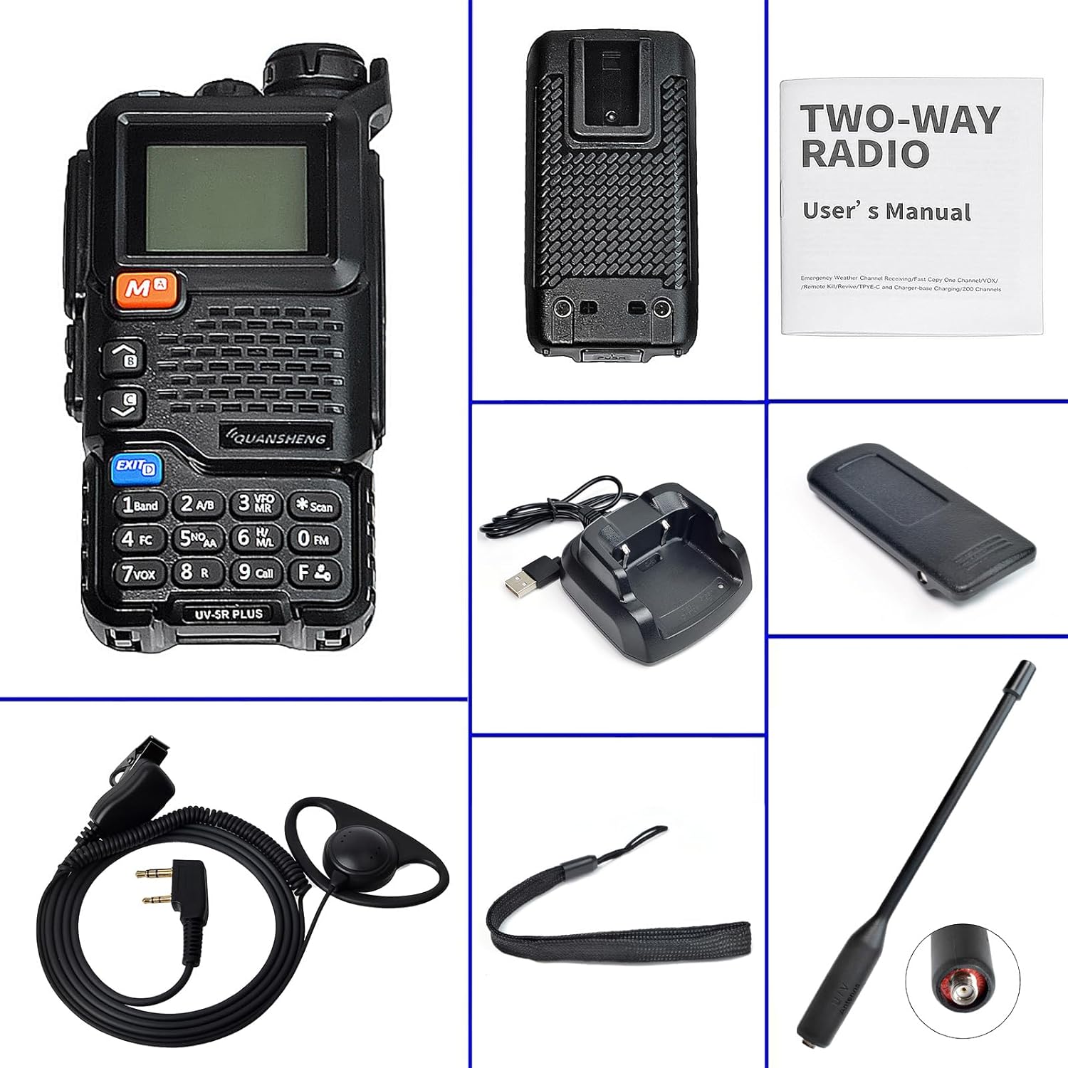 Quansheng UV5R Plus İki Yönlü Telsiz ve tüm aksesuarları sergilenmiş halde.