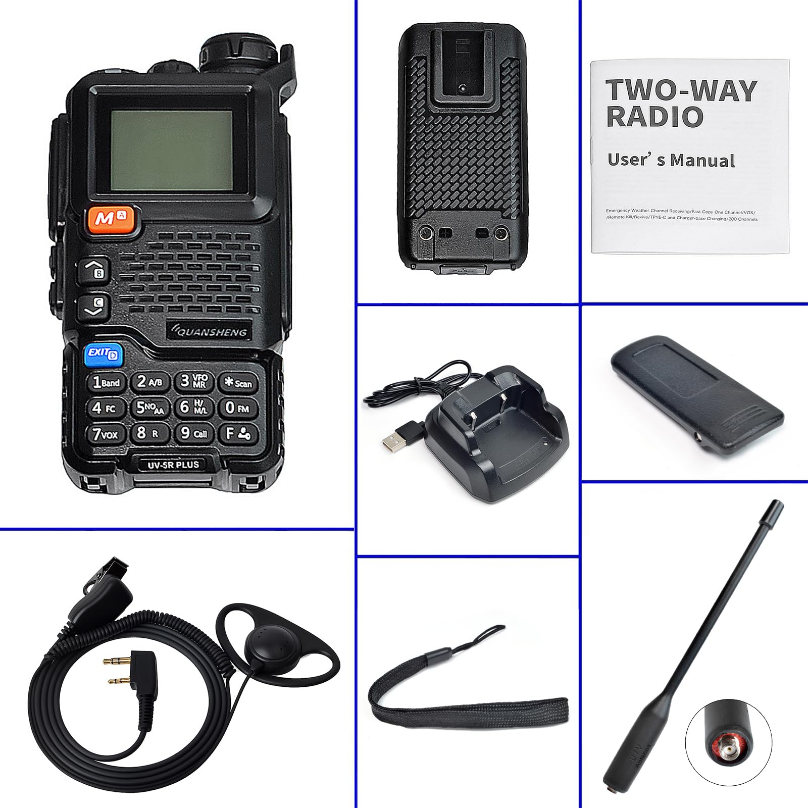 Quansheng UV5R Plus VHF UHF 5W Walkie Talkie Recargador Baterías Recargables Radio bidireccional con auricular para senderismo, camping, viajes