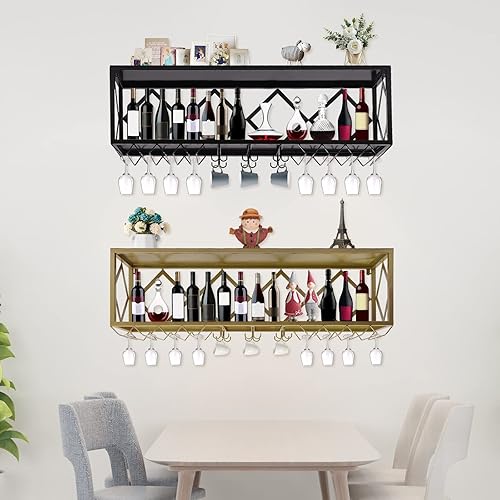 Miniatura 6 de Gdrasuya10 Estante de vino grande montado en la pared, estantes de vino negro, estante de copa de hierro, licor de vino, soporte para exhibición de