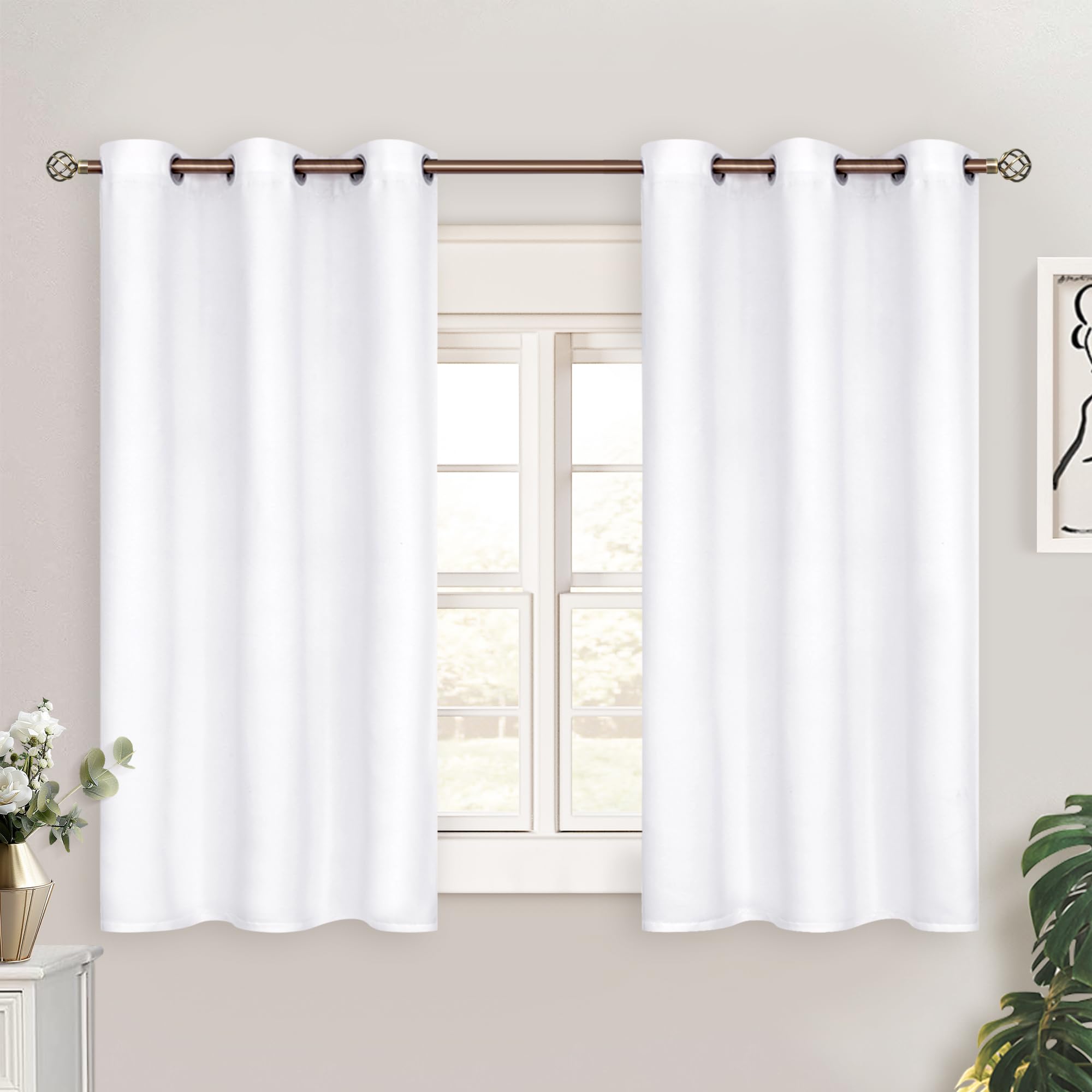 BGment White Curtains 45 Inches Length for Kitchen Window - Grommet Short Window Treatment Drapes Privacy for Bathroom Cafe Bathroom Home Decor, 2