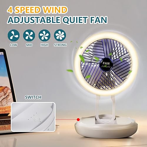 Miniatura 4 de Ventilador de camping portátil con luces, recargable de 3000 mAh, ventilador plegable ultra silencioso de 4 velocidades con gancho, ventilador de