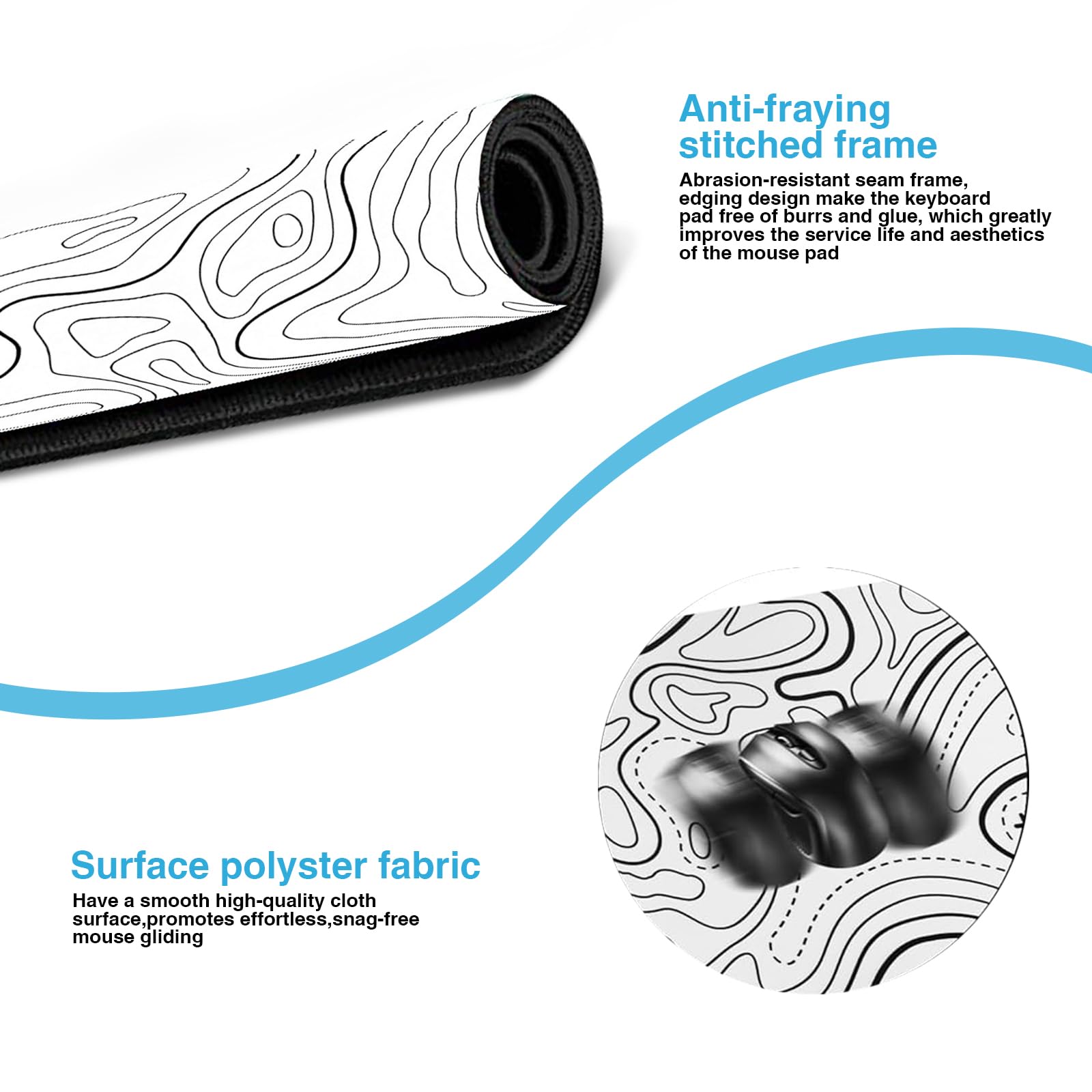 Gaming Mouse Pad Large 31.5 X 11.8in Topographic Keyboard Pad Mouse Pad For Non-Slip Base And Stitched Edge, Extended Desk Pad XL Keyboard Desk Mat ( White