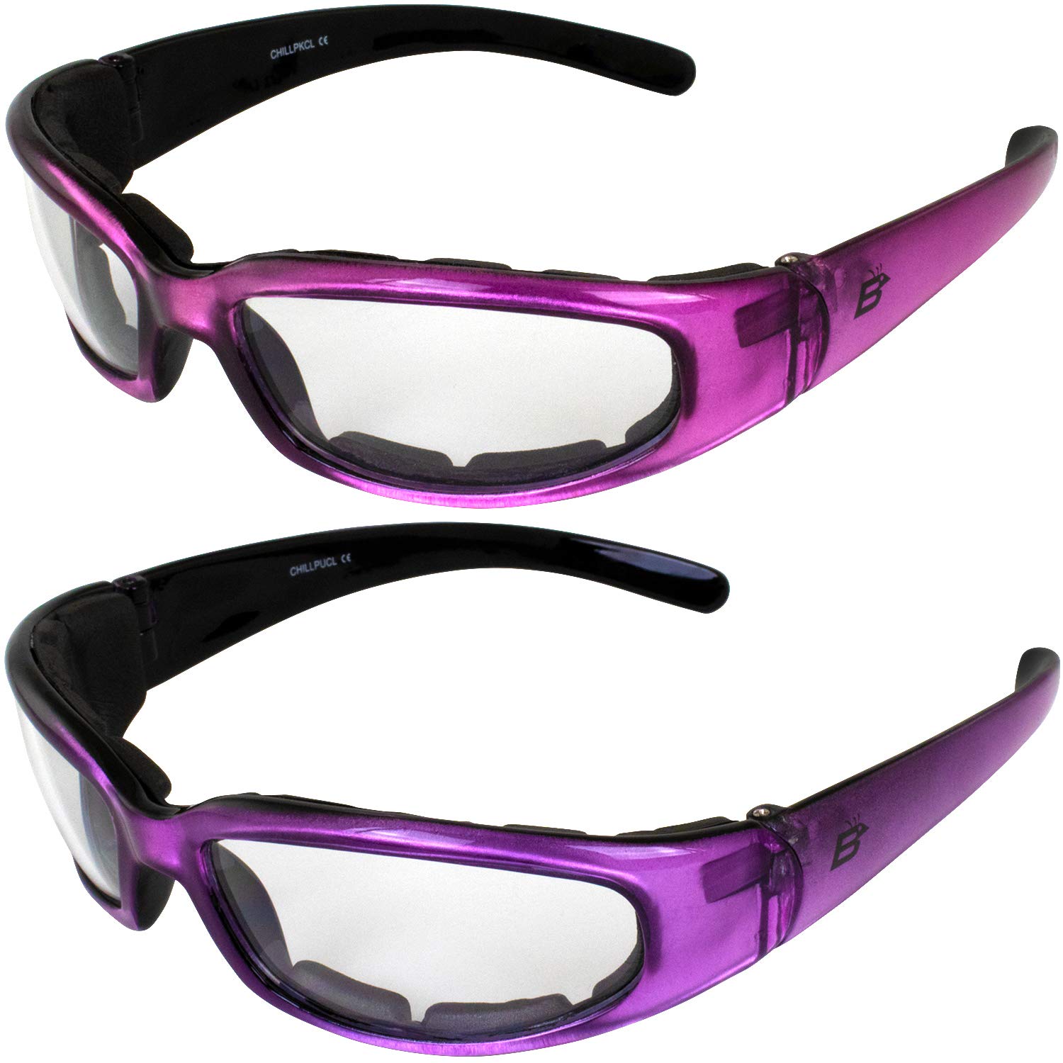 Birdz Eyewear Chill Women's Foam Padded Motorcycle Sunglasses 2 Pairs Pink & Purple Frames Clear Lenses