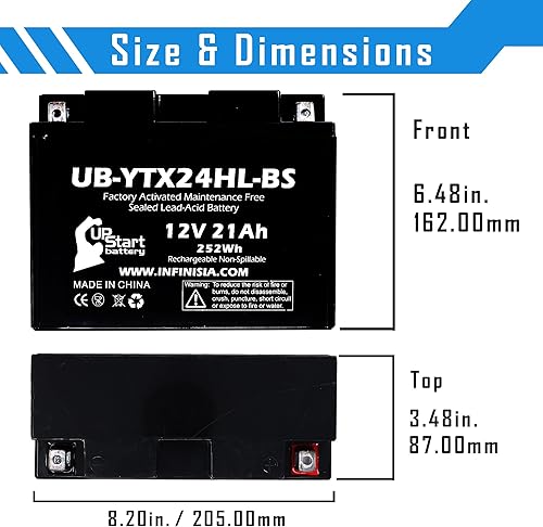 Miniatura 5 de Upstart Battery Paquete de 5 baterías UB-YTX24HL-BS de repuesto para moto de nieve 2004 Arctic Cat King Cat 900 500 CC - Activada de fábrica, sin