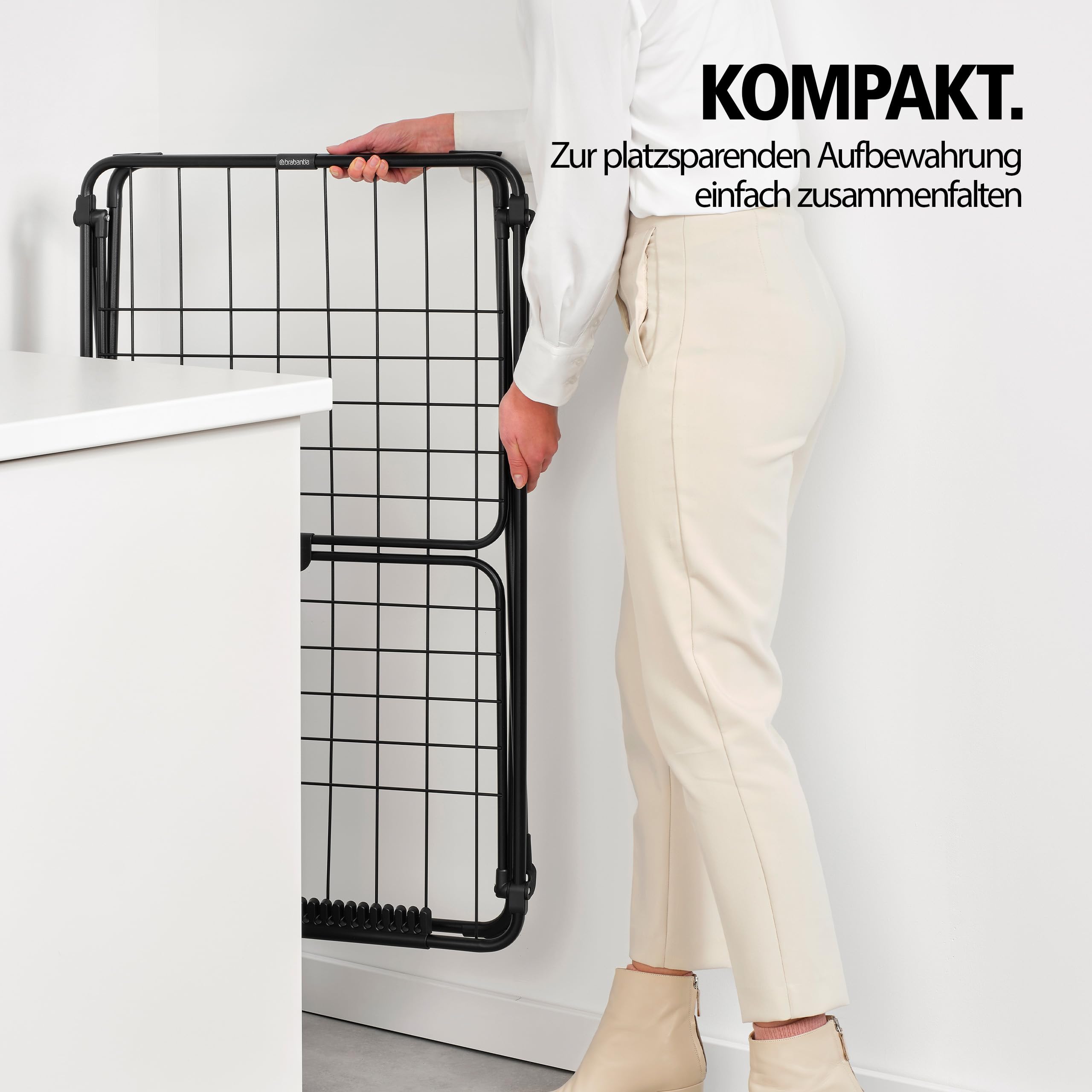 Brabantia HangOn Drying Rack, 18 m (Mattschwarz), Standtrockner mit Trockenfläche bis zu Zwei Waschladungen, Wäscheständer platzsparend, zusammenfaltbar, für große und kleine Wäschestöcke