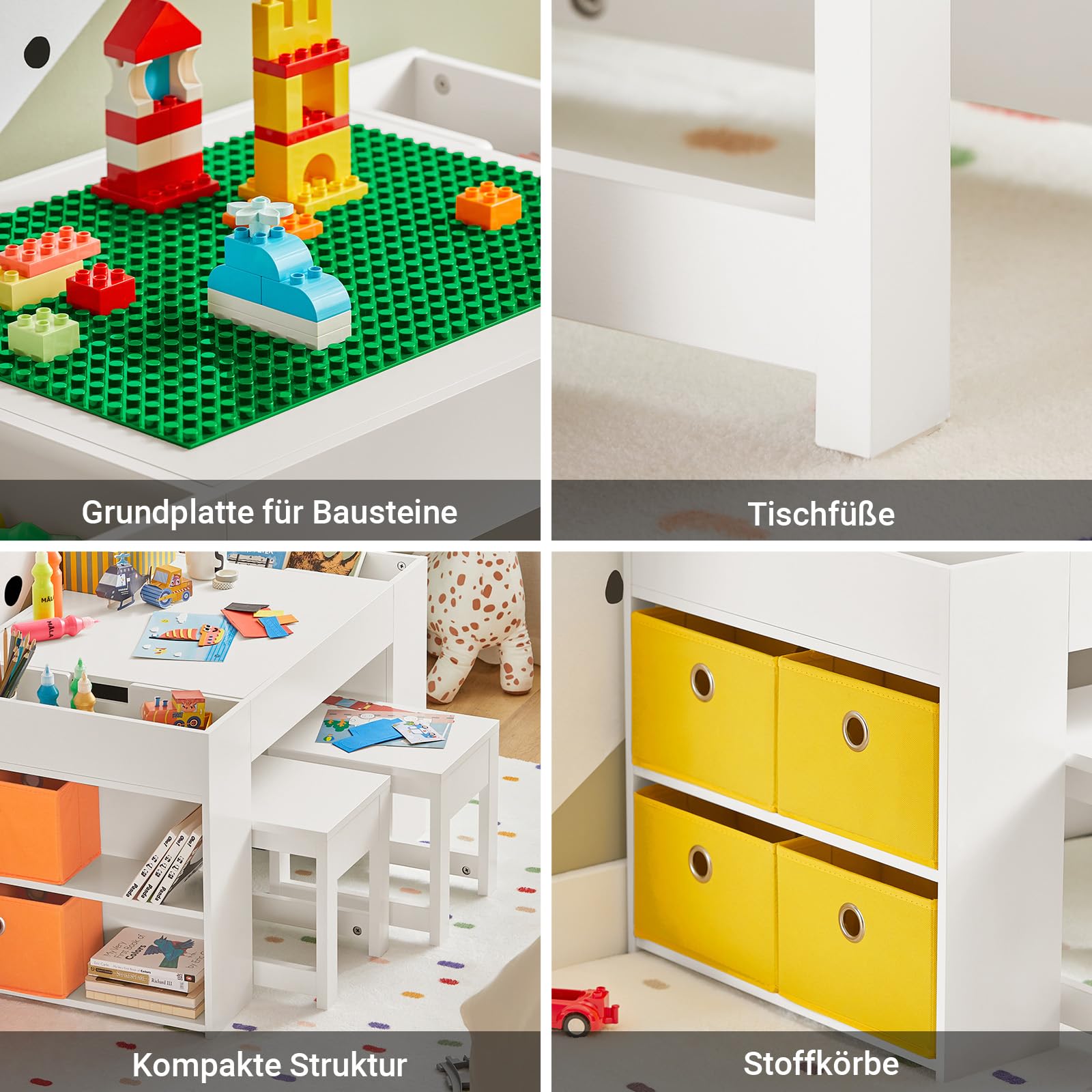 SoBuy Kindertisch mit 2 Stühlen Kinder Tisch Stuhl Set Kindersitzgruppe mit Stauraum Spieltisch und Aktivitätstisch für Kinderzimmer Weiß 87x50x50cm KMB75-W