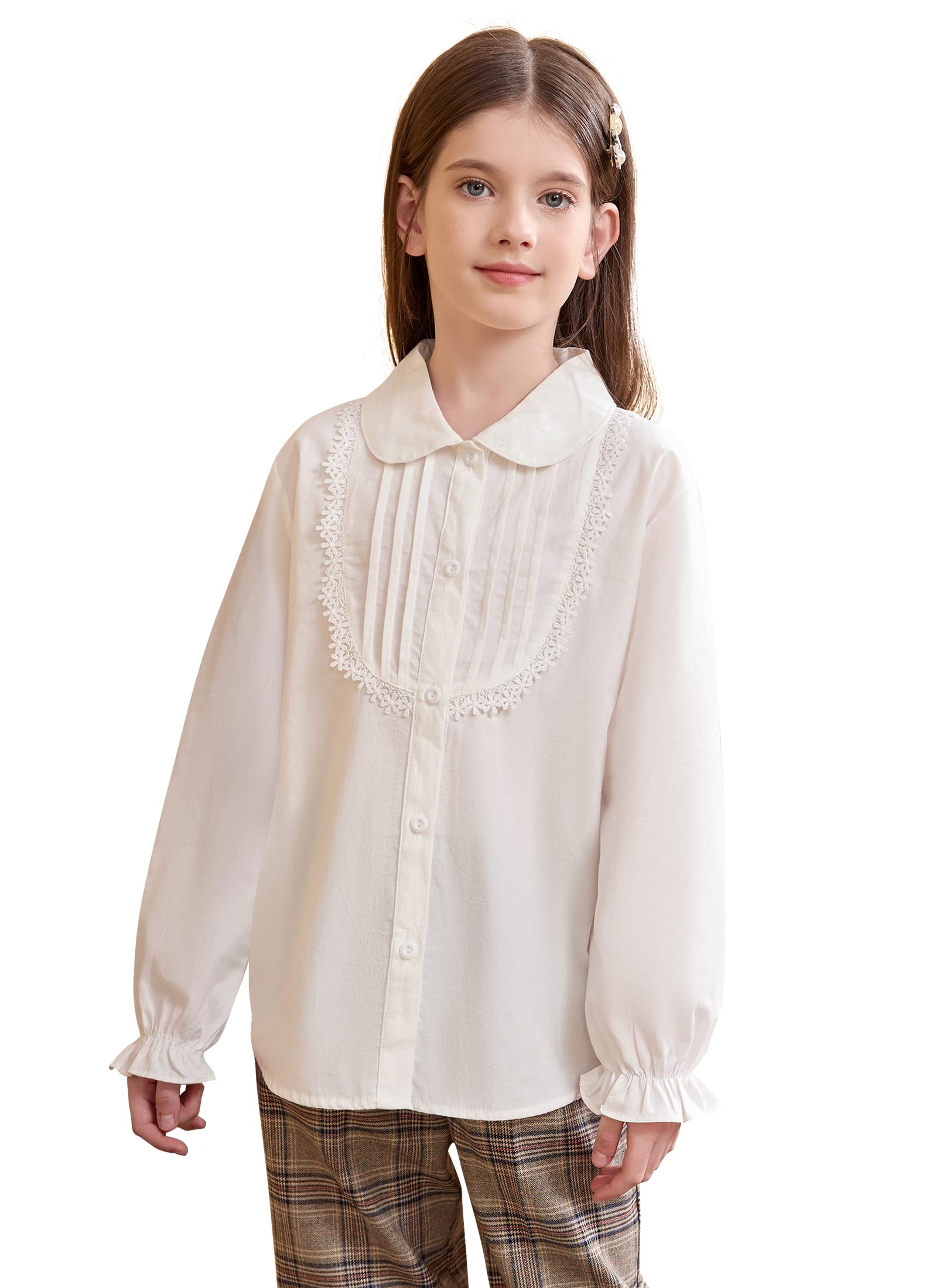maoo garden Blusa Blanca para Niñas Camisas de Vestir Uniformes con Botones de Manga Larga con Volantes de Peter Pan