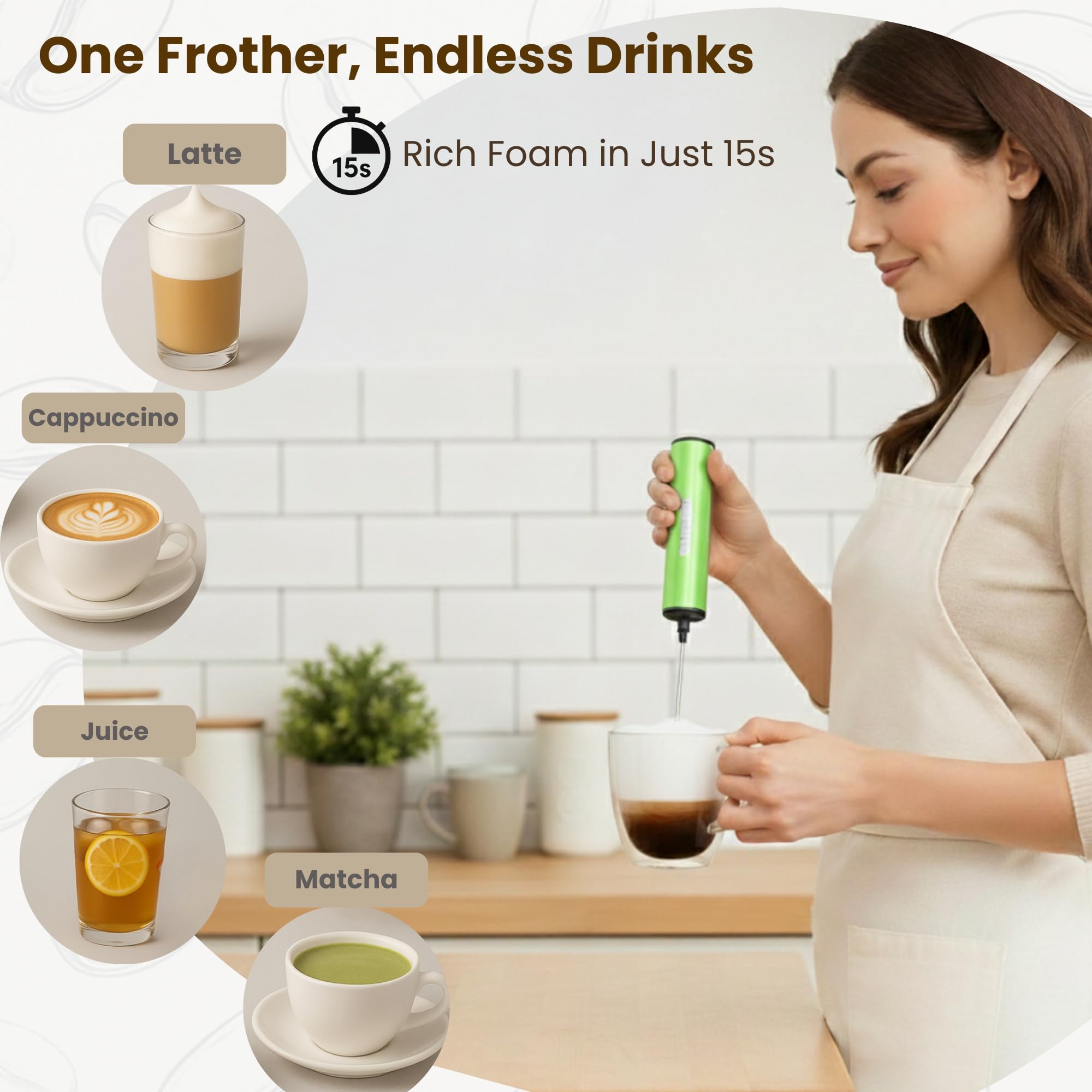 Espumador de leche recargable, espumador de café eléctrico, mezclador de bebidas de mano para latte, capuchino, café, huevos, chocolate caliente, proteínas, verde