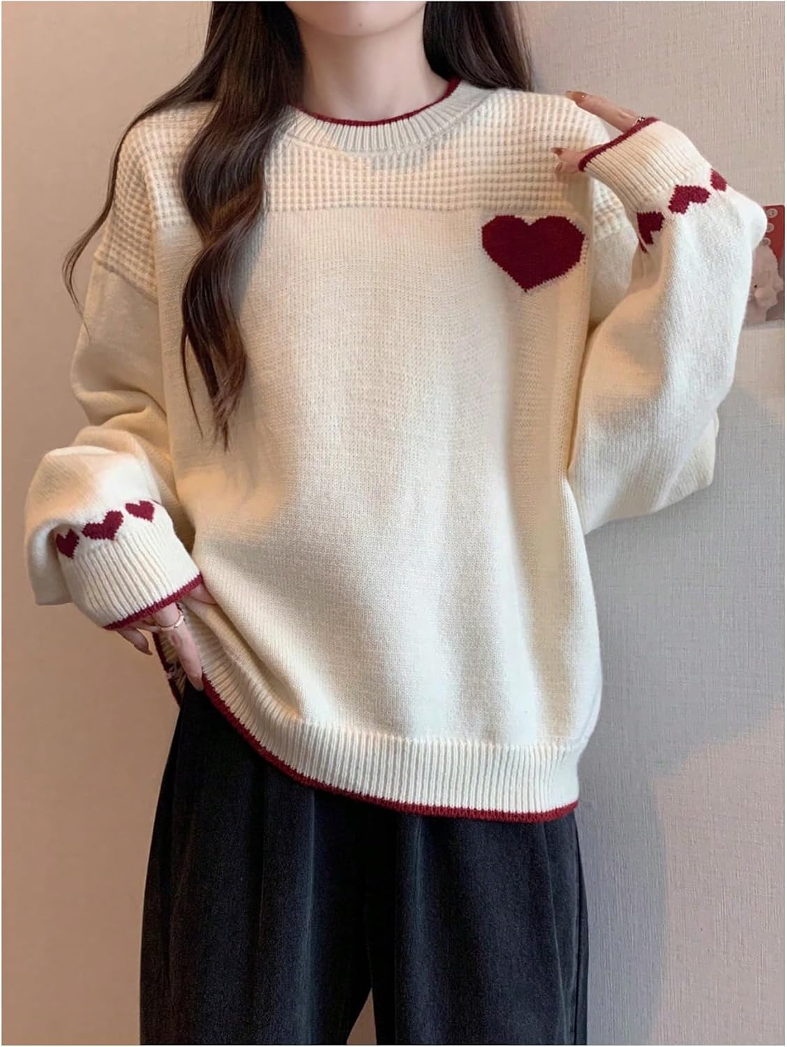 GORGLITTER Women's Heart Sweater Long Sleeve Crew Neck Cute Knitted Valentines Pullover Jumper Tops Fall Trendy - Image 4