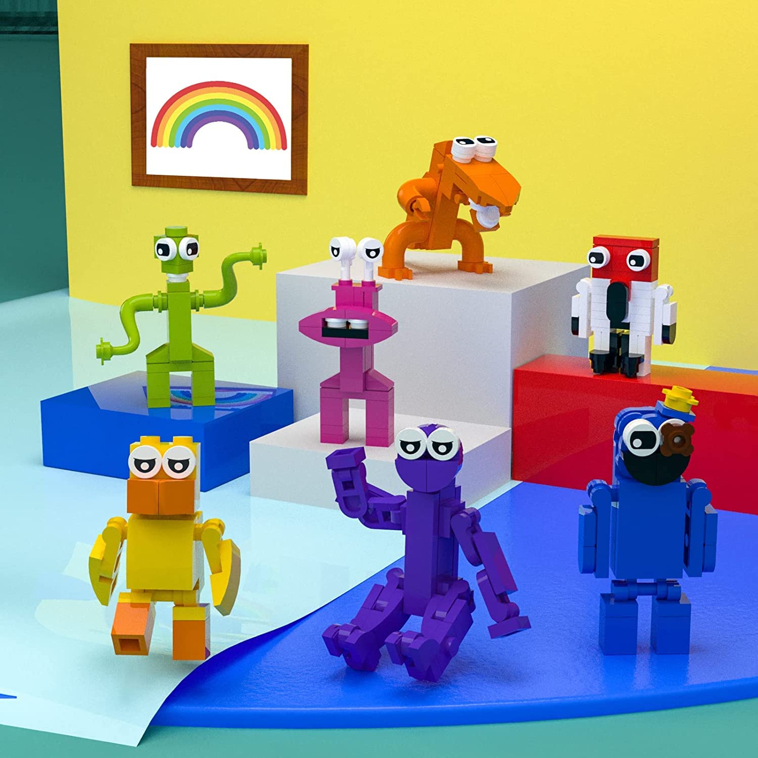 7pcs Rainbow Friends Building Block Set, Odd World Blue Monster Action Figure Horror Toy, Monster Building Toy, for Boys Girls Game Lovers