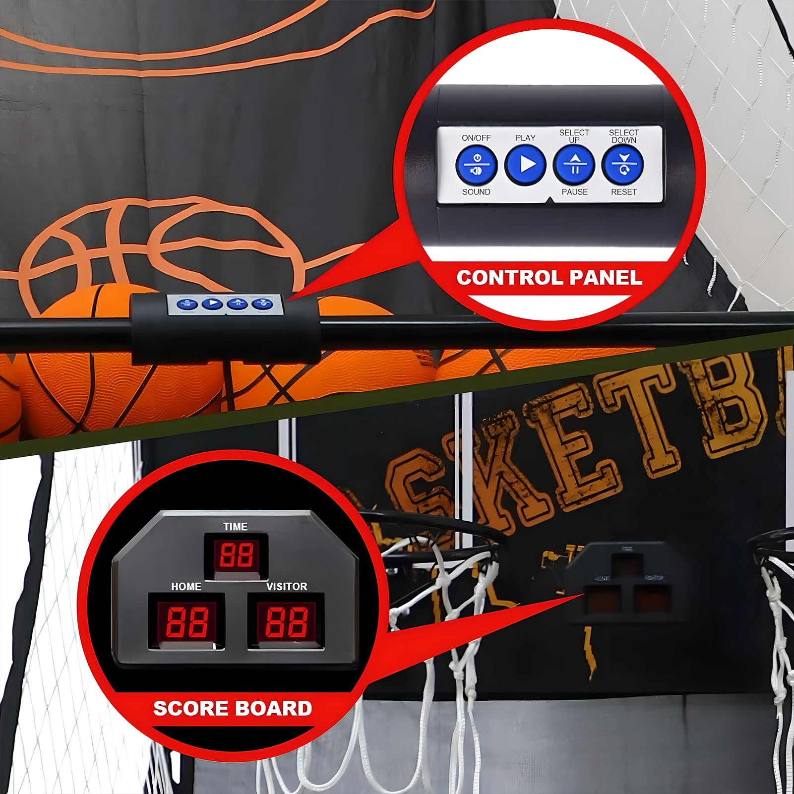 Doppio Gioco Arcade di Basket, Pieghevole Partita a Cerchio di Basket con 8 modalità di Gioco, Macchina da tiro al punteggio elettronico con 5 Palline e tabellone LCD, per Famiglie e Feste