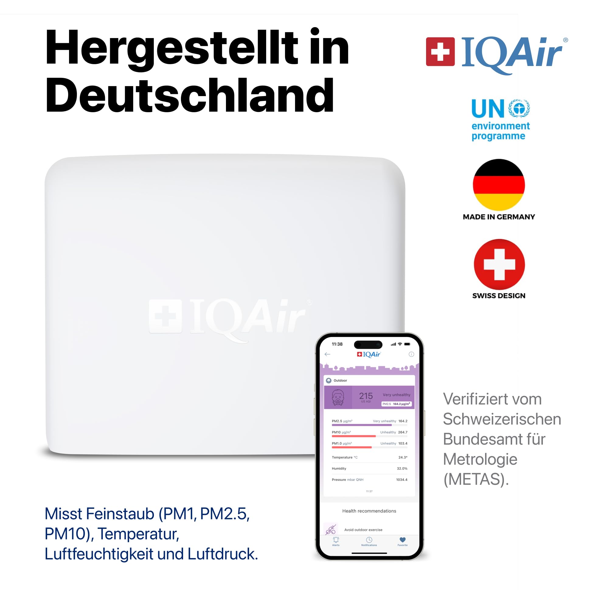 IQAir AirVisual Outdoor Luftqualitätsmonitor für außen - Luftqualität Messgerät & Feinstaubmessgerät mit PM2.5, PM10, AQI, Temperatur, Luftfeuchtigkeit, WLAN/Ethernet, Wetterfest. Made in Germany