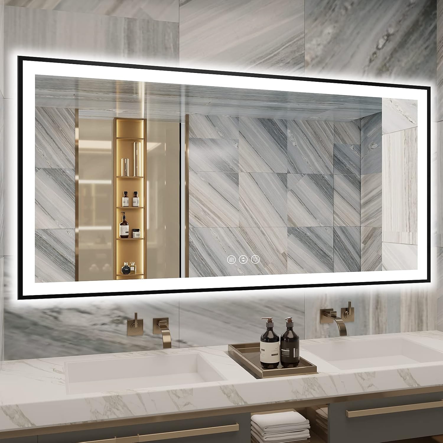 72x36 Bathroom Mirror With Lights - Black Aluminum Framed (Front and Backlit), Anti-Fog LED Lighted Bathroom Mirror,Stepless Dimmable Vanity Mirror,3 Colors Smart Mirror(Horizontal/Vertical)