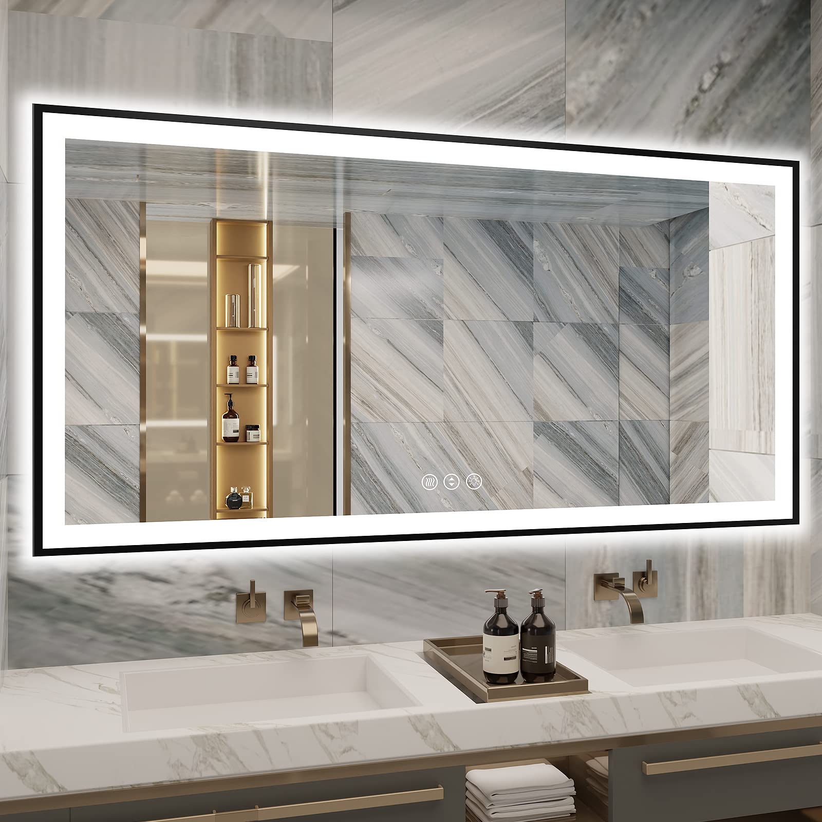 EchosLife 72x36 Bathroom Mirror With Lights - Black Aluminum Framed (Front and Backlit), Anti-Fog LED Lighted Bathroom Mirror,Stepless Dimmable Vanity