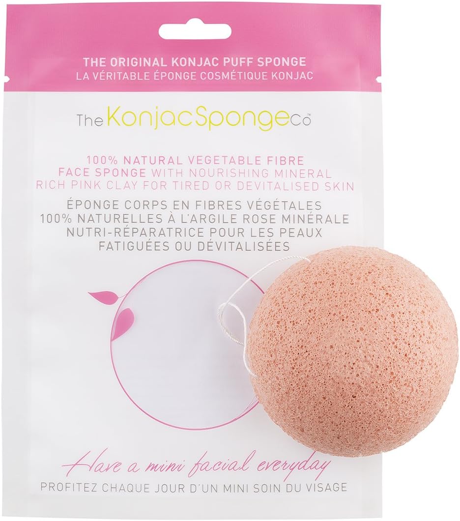 The Konjac Sponge Co Facial Puff Sponge Cleansing and Exfoliating with French Pink Clay for Tried and Devitalised Skin Types