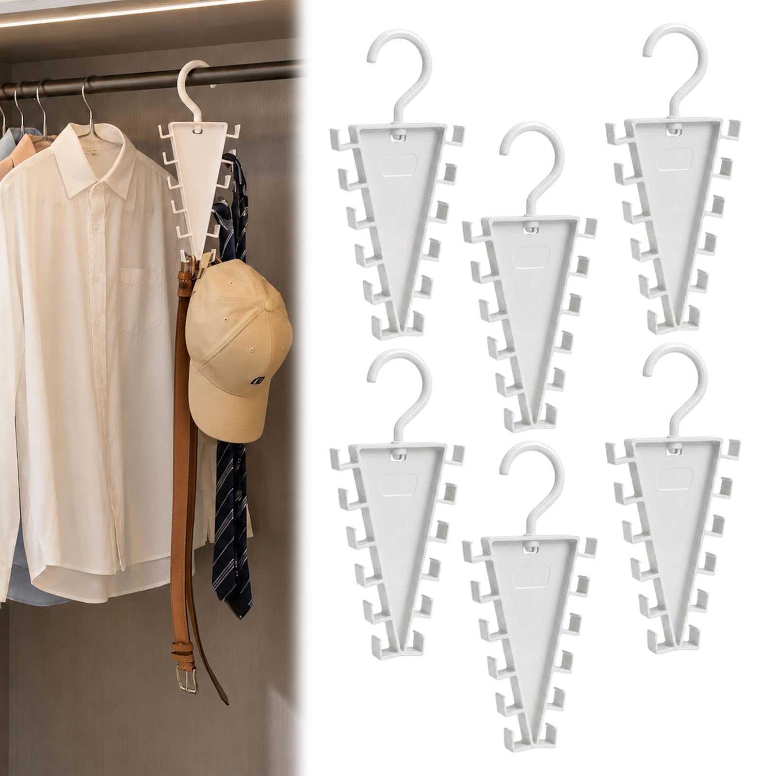 V-Shape 12-Hook Rotating Hanger, 360° Rotating Multi-Layer Vertical Clothes Storage Rack, Space Saving Organizer for Hats, Scarves, Belts, Bags and Ties (6pcs)