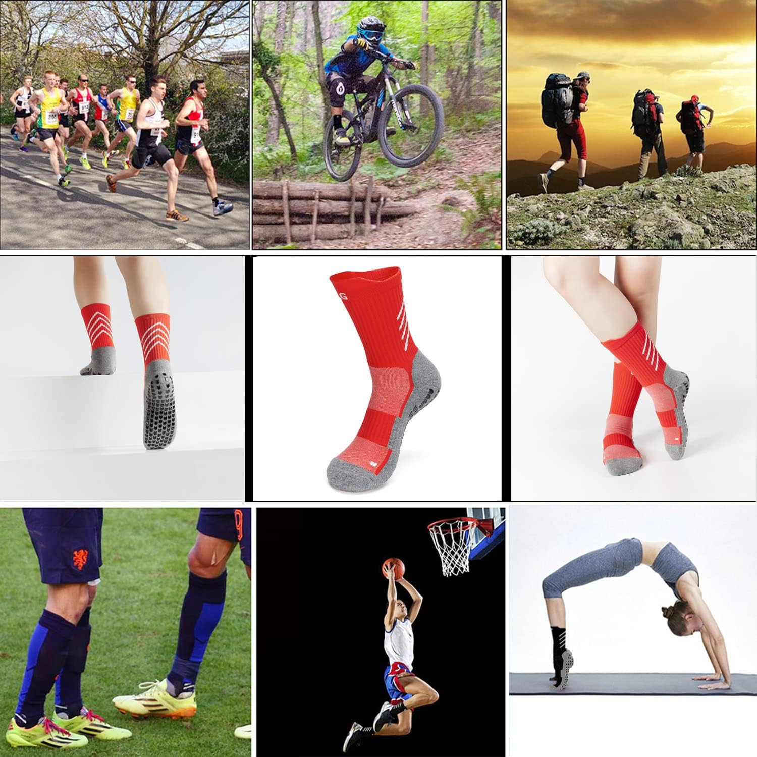 GOGOGOAL Red Anti-slip Soccer Athletic Socks Men 9-14 Women Cotton Grip Socks Yoga Cushioned Breathable Hospital Non skip Slipper Sock Basketball Gym Fitness Hiking Red L 3P