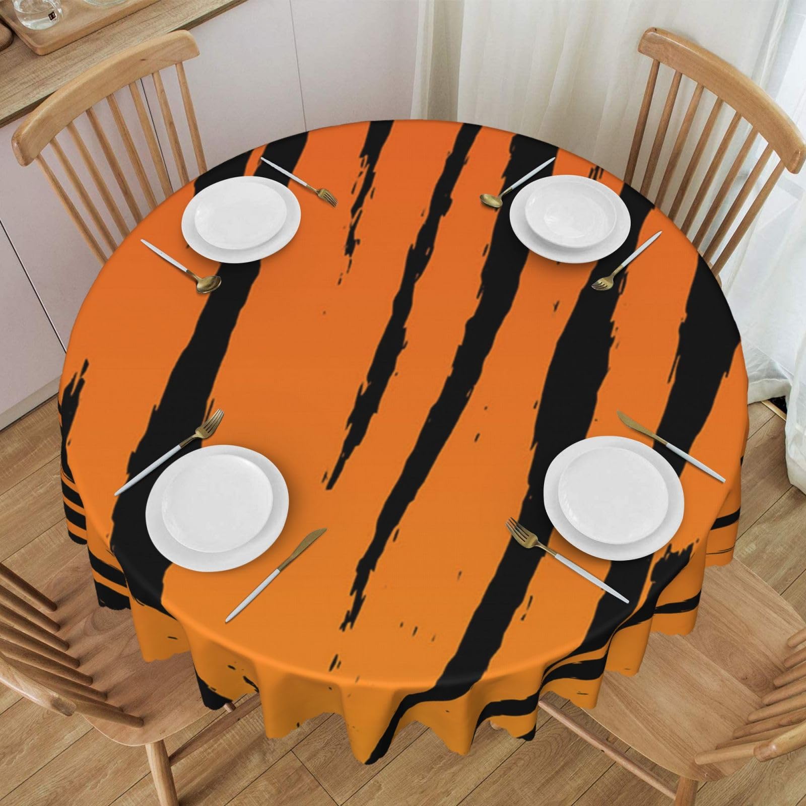 DCEHGEW 60 In Round Tablecloth with Lace, Tiger Stripe Printed Oilproof & Washable Fabric Picnic Table Cloth Table Covers
