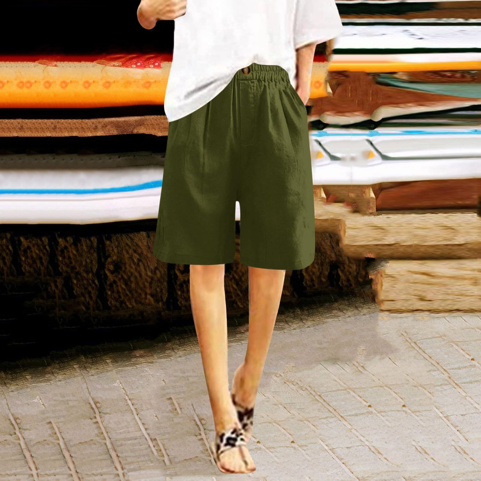 Bermuda Shorts for Women Knee Length Elastic High Waist Drawstring Loose Wide Leg Shorts Summer Casual Beach Clothes A01-Green M