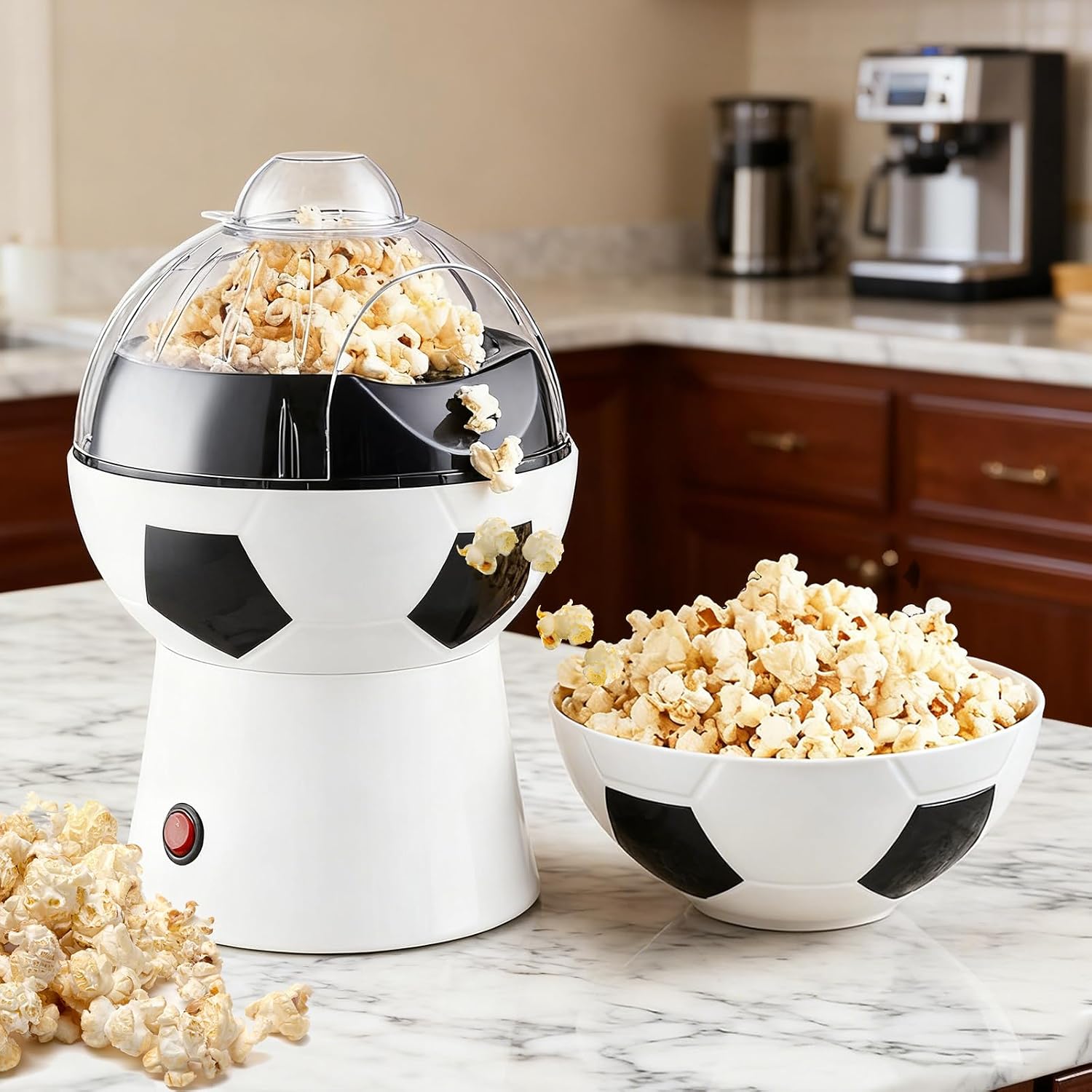 Hot Air Popcorn Maker, 1200W Electric Oil-Free One-Touch Popper with Measuring Cup & Butter Melter, BPA-Free Healthy Snack Machine for Home, Kids, Movie Night, Camping-Soccer Shaped