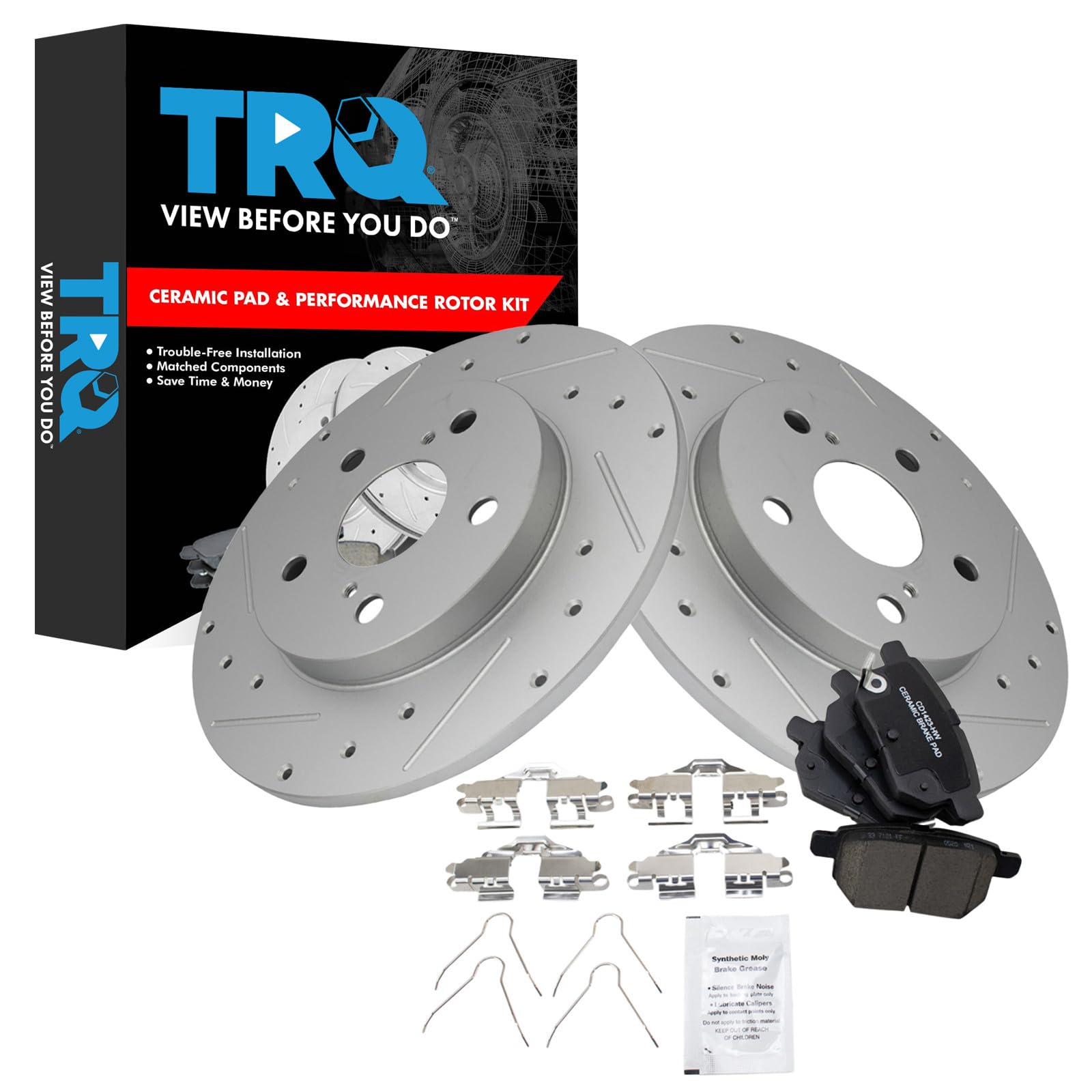 TRQ Performance Rear Brake Pad and Rotor Set Ceramic Coated Drilled Slotted Compatible with 2016 Scion iM 2008-2015 xB 2017-2018 Toyota Corolla iM 2009-2013 Matrix