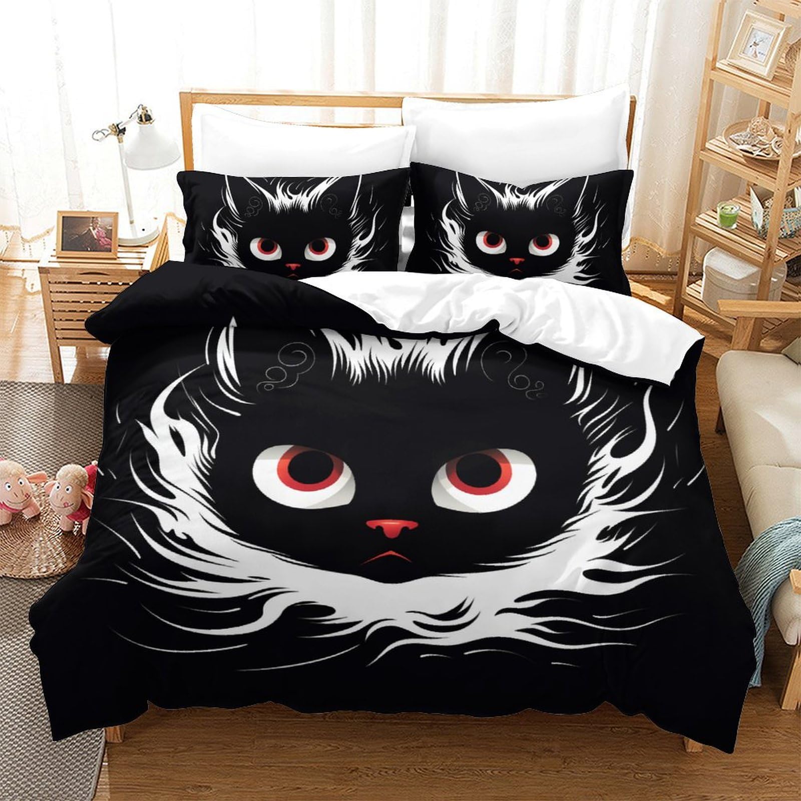 Housse de couette chat 3D 200x200cm en microfibres avec taies d'oreiller