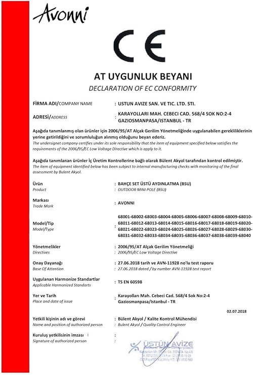 Avonni 68037 Bahçe Set Üstü Aydınlatma, 60 w, Siyah