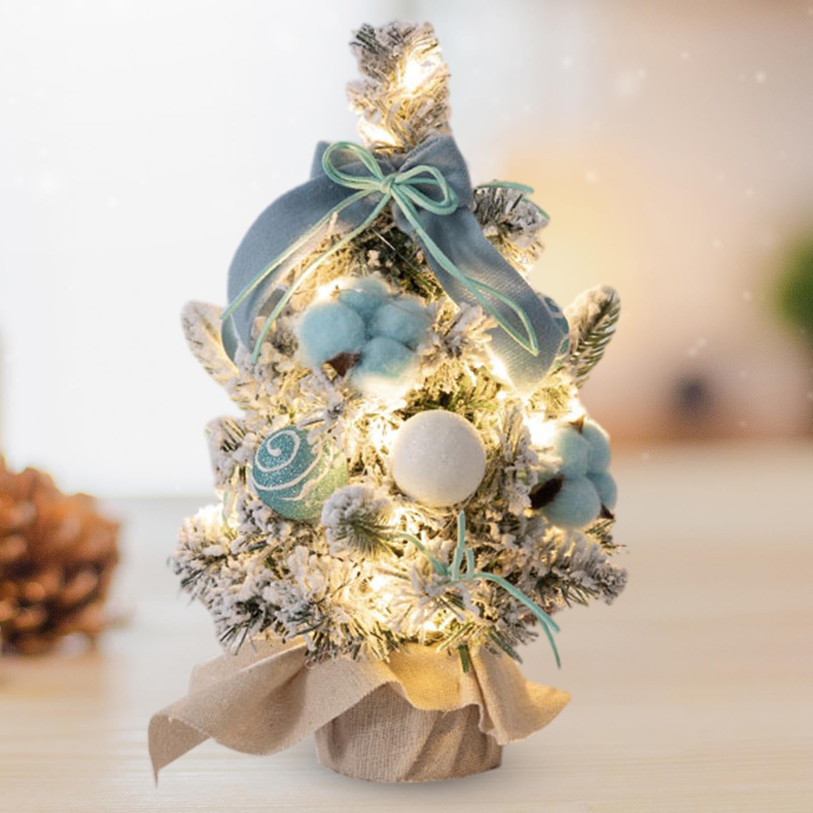 Oshhni Mini-Weihnachtsbaum mit LED-Lichtern, Tisch-Weihnachtsbaumschmuck für Zuhause, Büro, Zuhause, Küche, Esstisch-Dekoration, blau 30cm