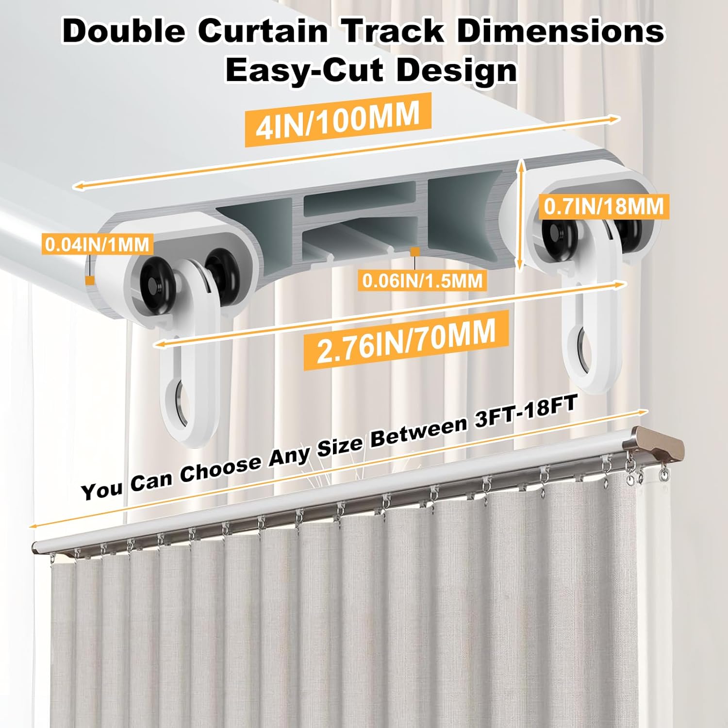 Double Curtain Track Ceiling Mount, Silent Aluminum Track Curtain Rail, Heavy-Duty Double Row Ceiling Curtain Tracks Rod Sliding Rails for Curtains, Room Divider for Living Room Bedroom (5FT) 5FT(1.52m)