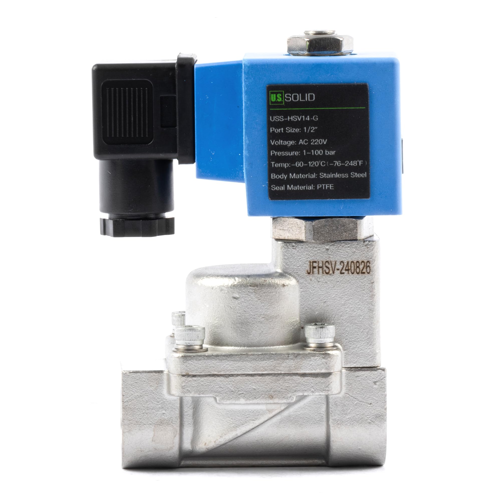 U.S. Solid Electroválvula de alta presión - 1/2", 100 bar, acero inoxidable, 220 V AC, resistente a altas temperaturas de -60 a 120 ℃