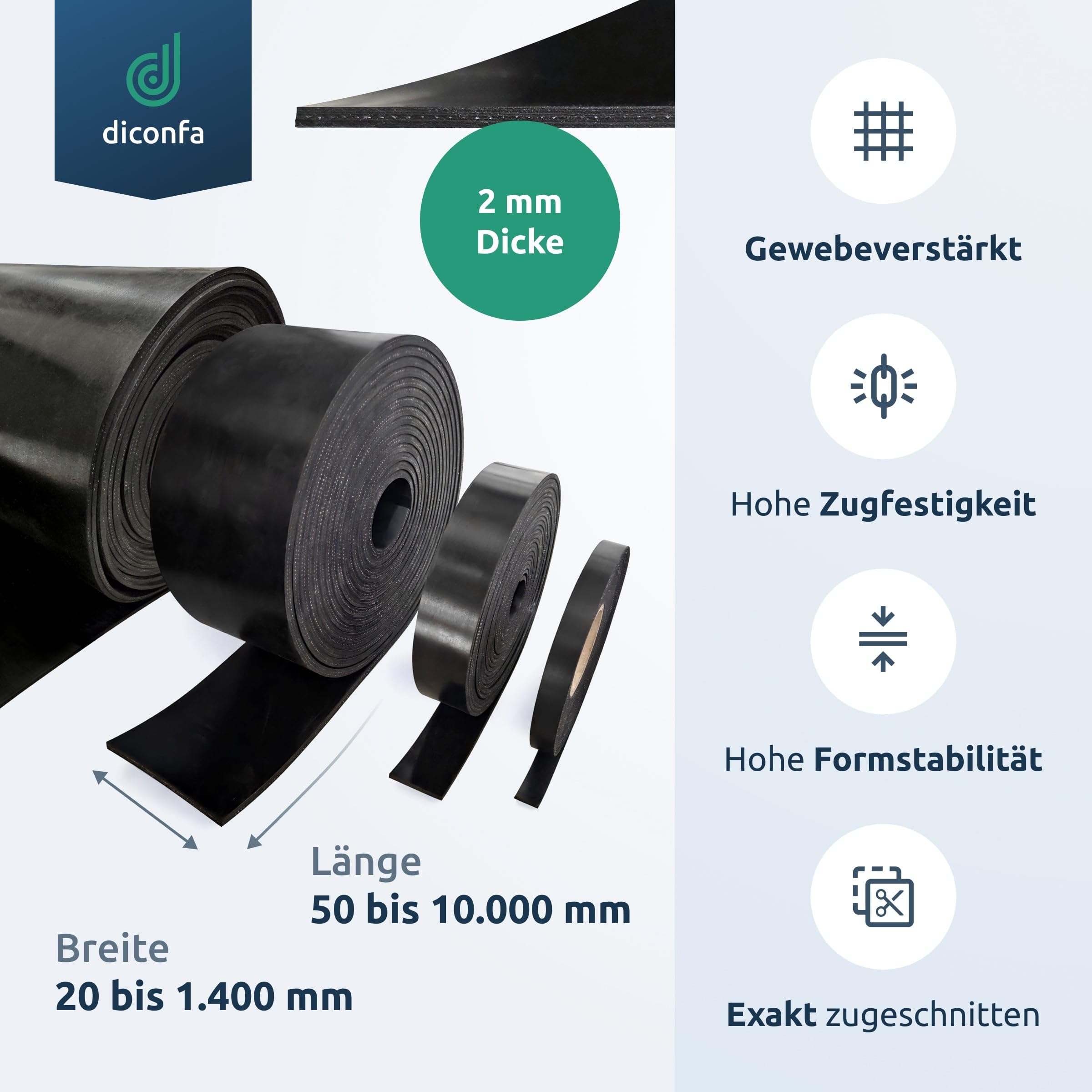 diconfa Gummimatte mit GEWEBEEINLAGE nach Maß 2mm STARK 20mm bis 1400mm BREIT 0,05m bis 10m LANG Auswahl: 300 x 3000mm, 2mm dick mit 1 Einlage verstärkte Gummiplatte SBR Hartgummi Vollgummi
