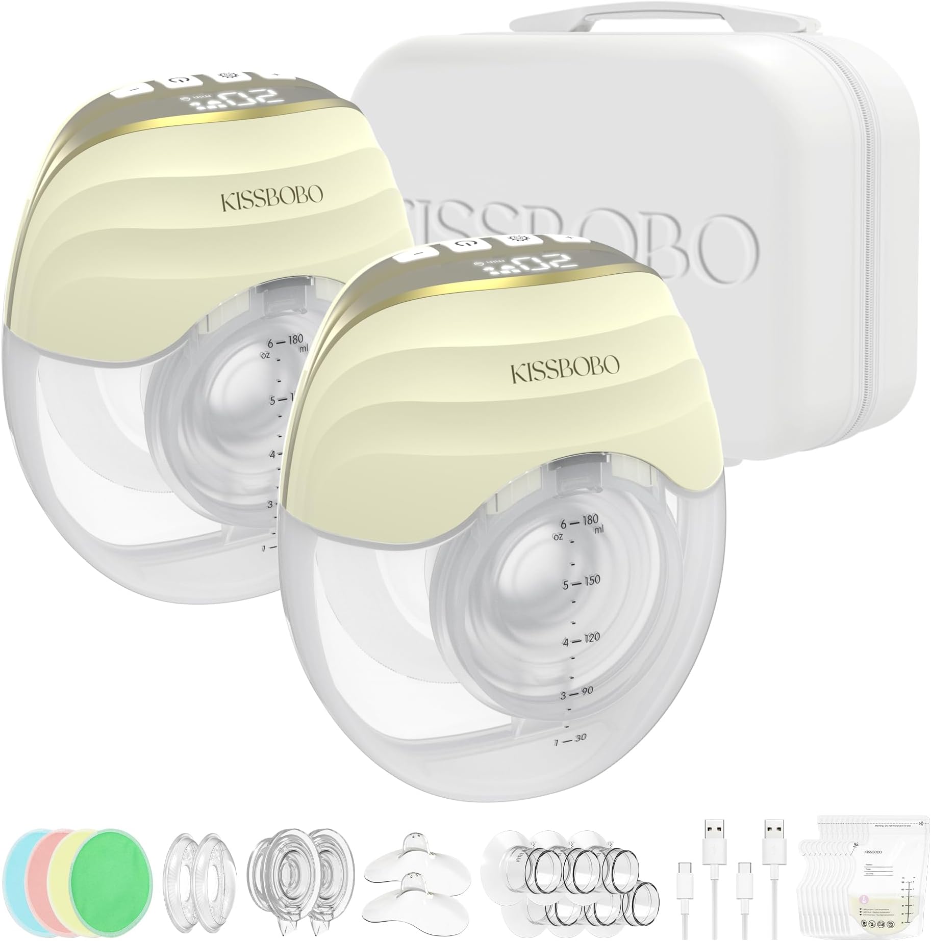 KISSBOBOBreast Pump, Electrical Hands-Free Wearable Portable Breast Pump with 3 Modes, 8 Levels, LED Display, Low Noise and Painless Breastfeeding Milk Pumps (1PCS, Yellow)
