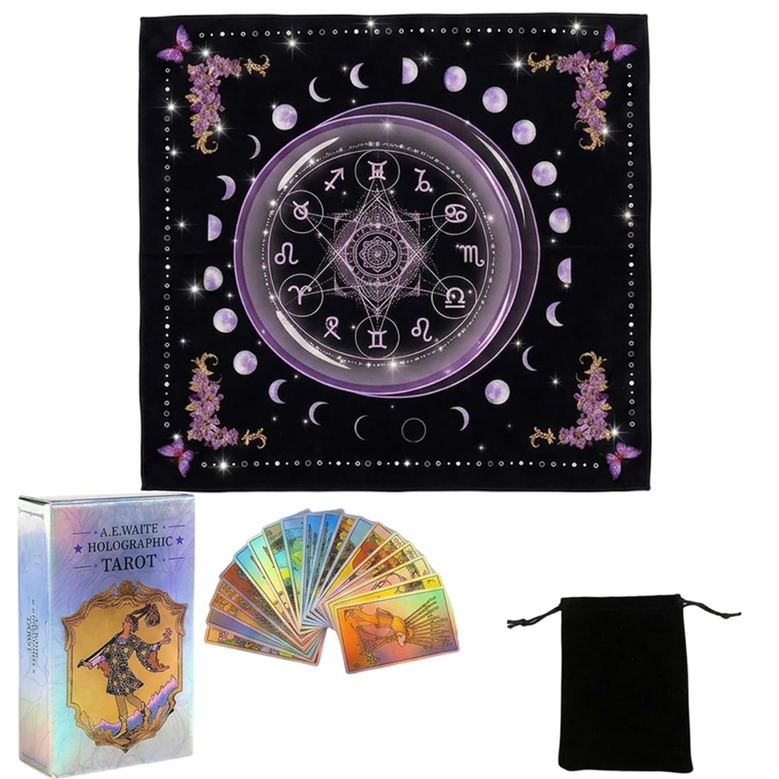 3-Piece Tarot Cloth Set with Storage Bag and Tarot Cards Deck, Six-Pointed Star Tarot Card Cloth for Card Layout, Hobby Use and Altar Decorations-image-28