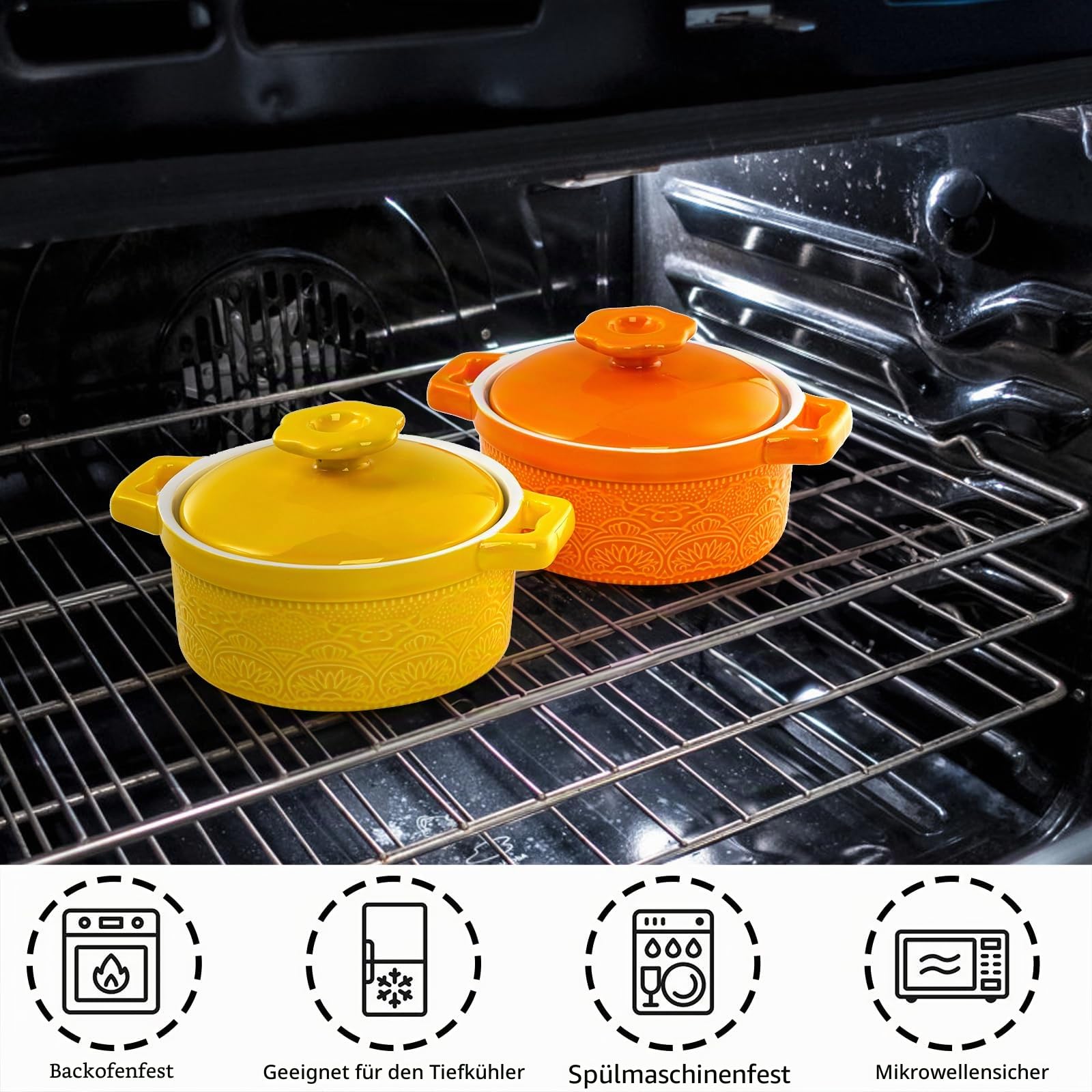 Hacaroa Set mit 6 Mini-Kokotte-Auflaufförmchen mit Deckel, 237 ml, Keramik-Auflaufförmchen mit Griffen, kleine Auflaufformen, individueller Serviertopf zum Backen, Soufflé, Suppe, Schuster, ofenfest,